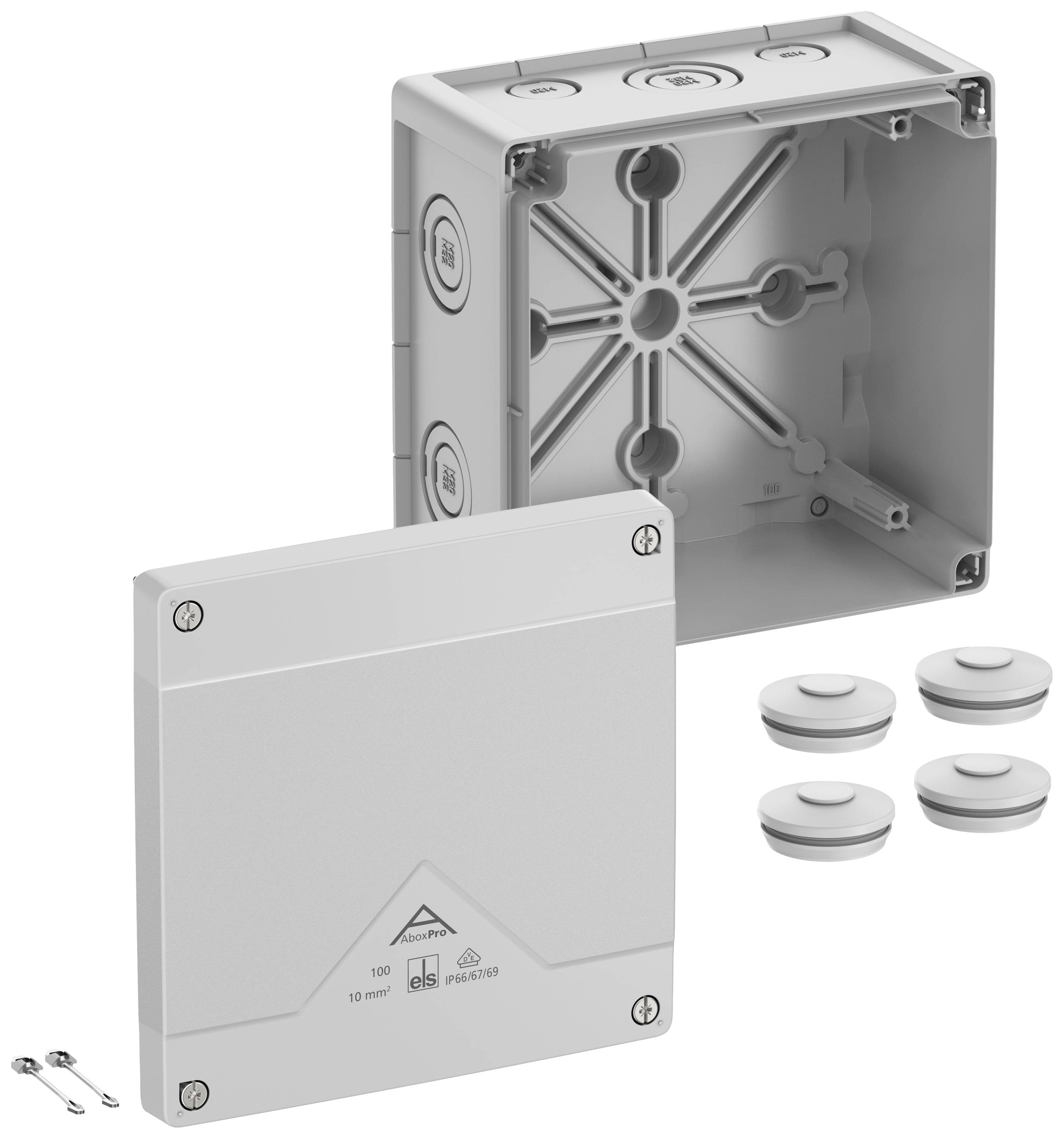 A grey, square casing with its lid removed; connection openings visible. Screws on the left, three round sealing plugs on the right.