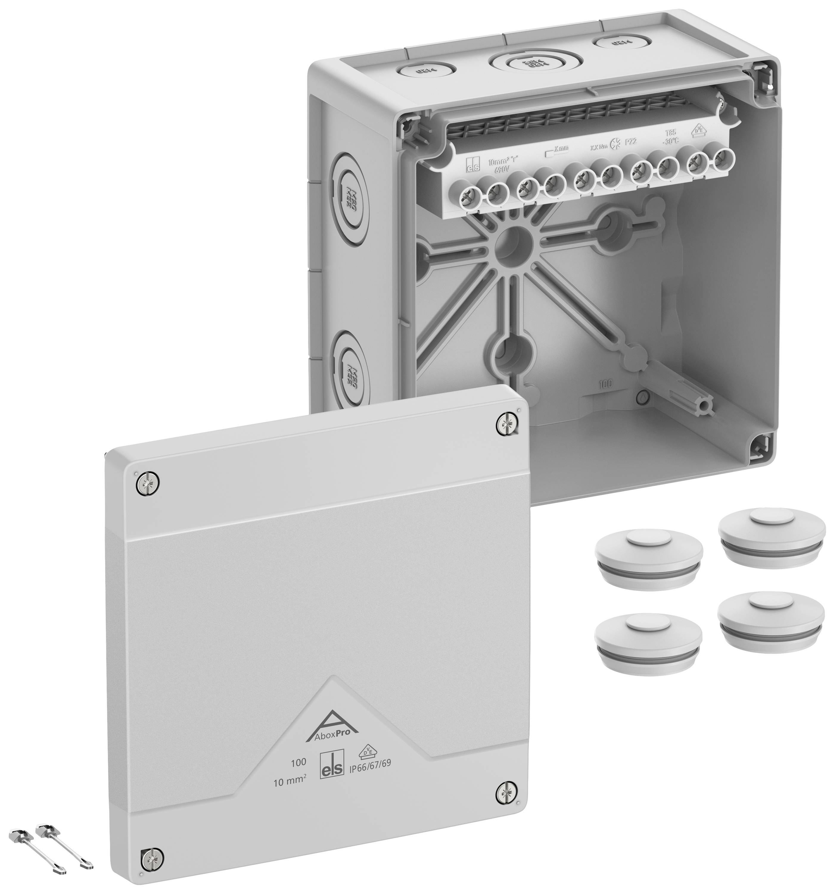 Electrical distribution box opened, showing internal connections. Cover beside it with screws and seals, ready for installation.