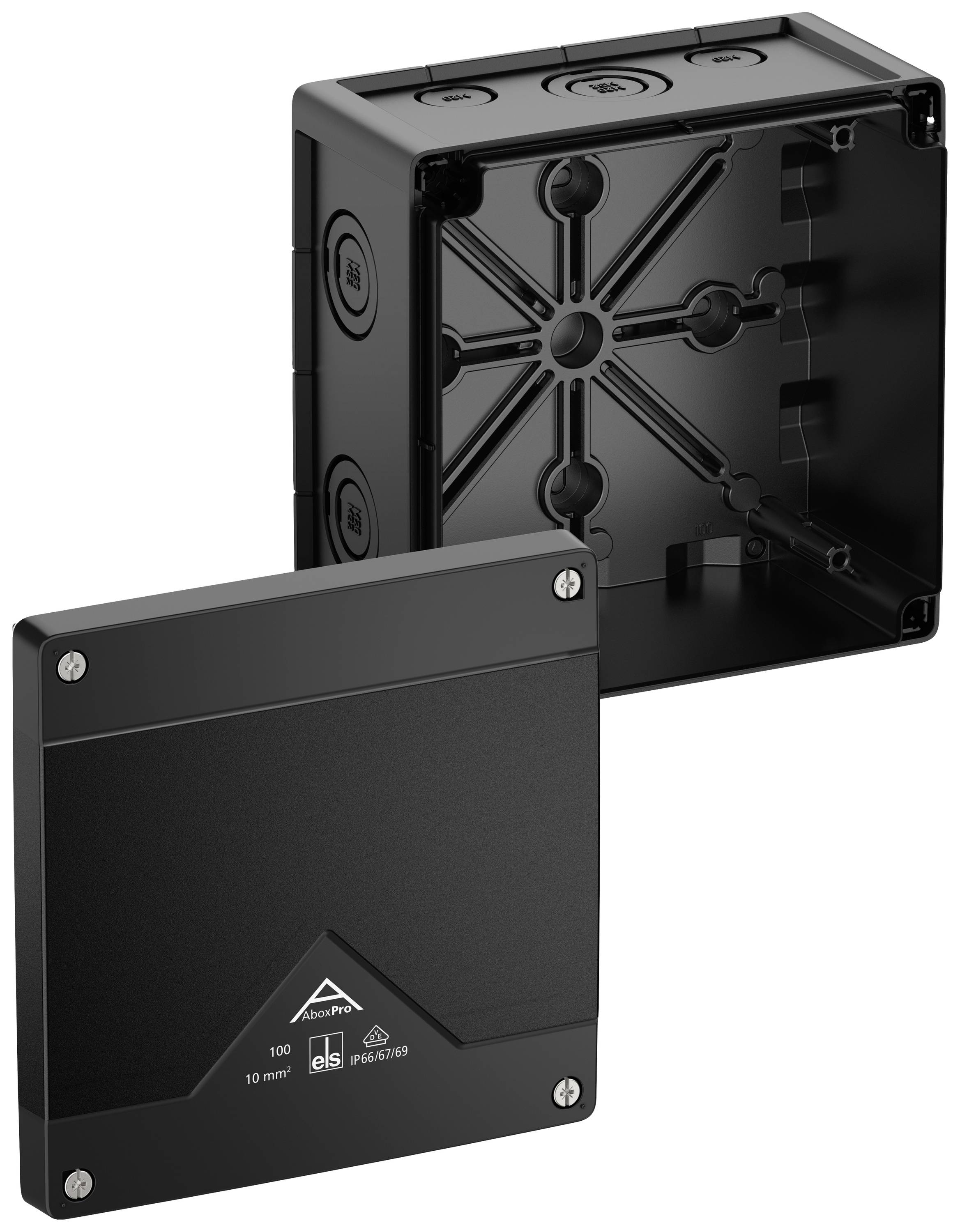 Black plastic junction box with removed lid, showing interior with cable openings and mounting elements.
