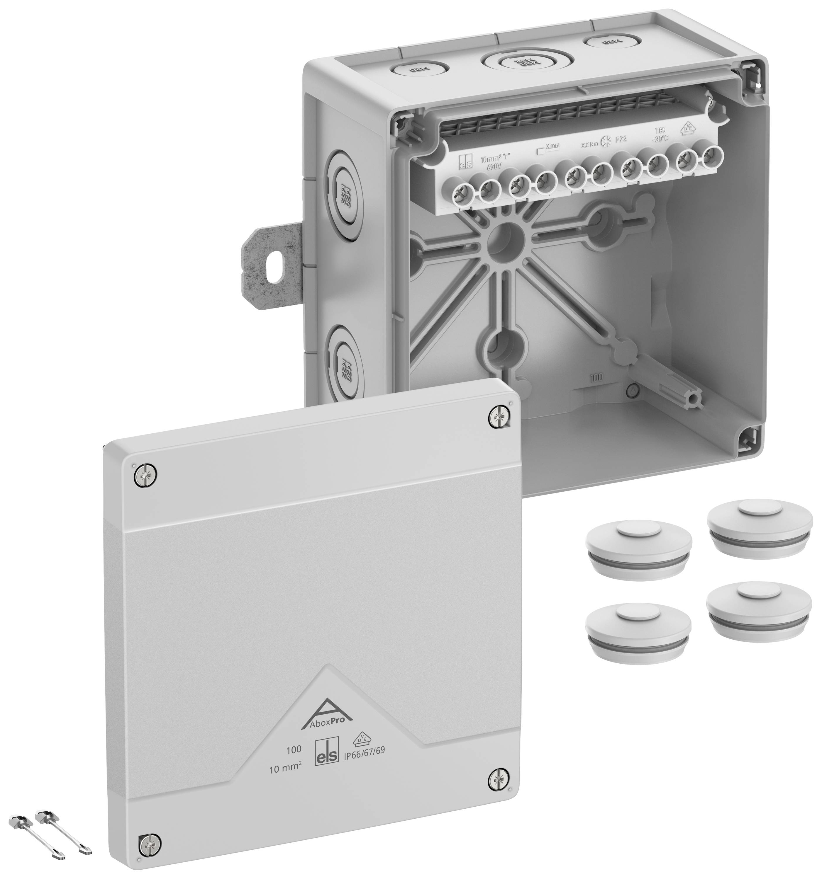 Electrical distribution cabinet with a removable lid, screws and covers. Network connections visible, without cables.