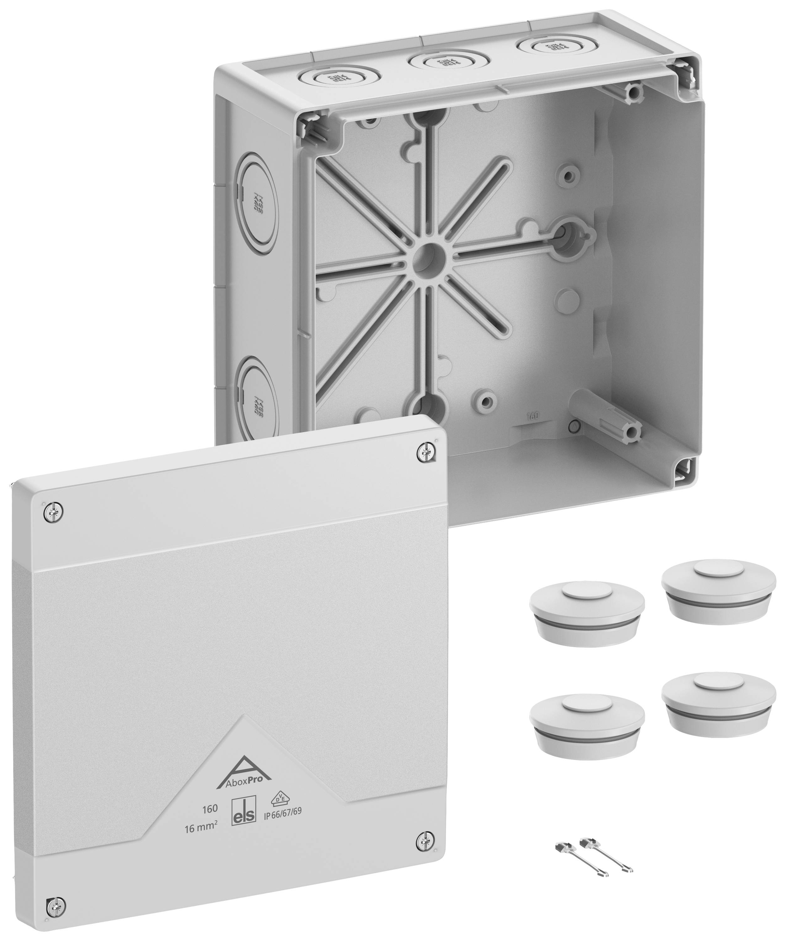 A grey, square, open distribution box with a removable cover, alongside four round cable entry points and two screws.