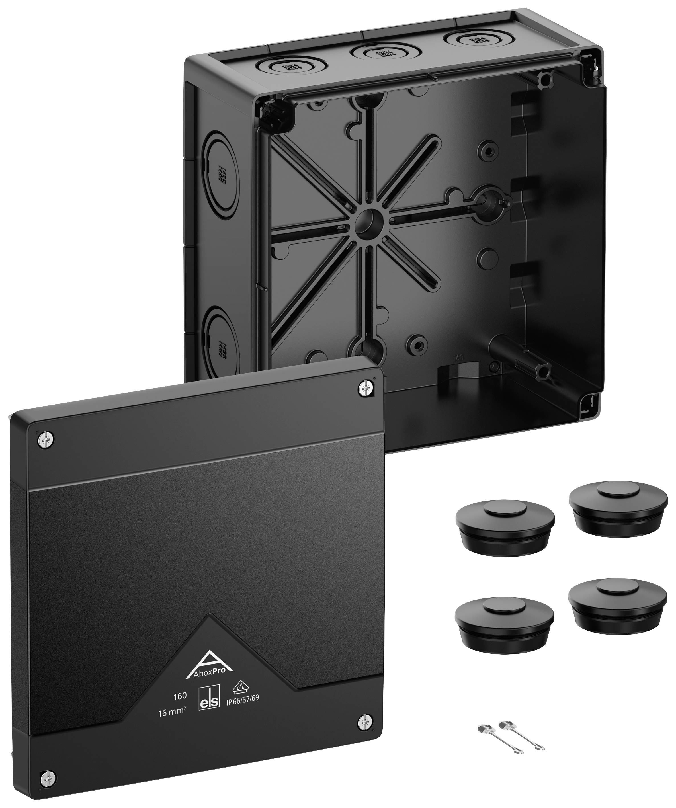 Black, square plastic junction box with removable lid, matching rubber grommet and screws. Suitable for cable installation.