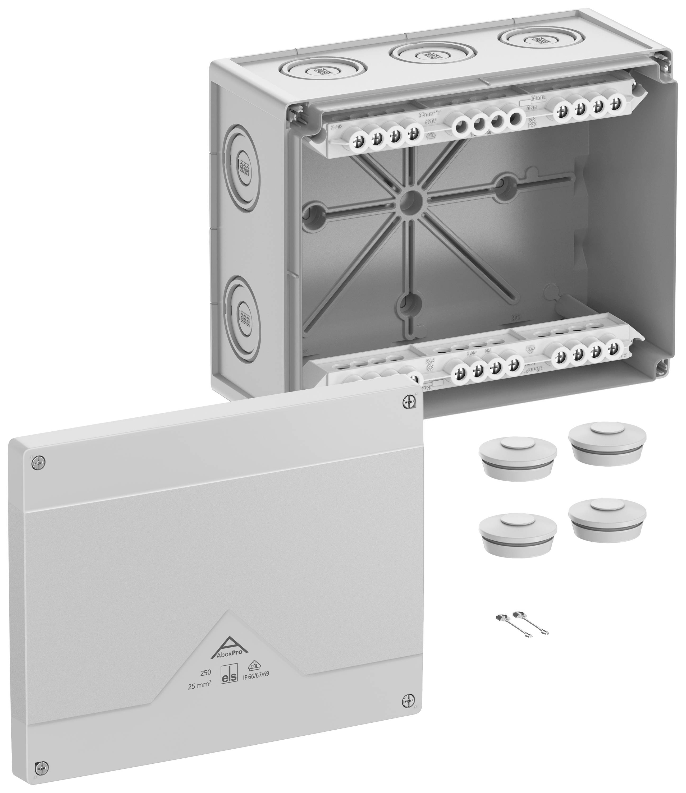 Housing for electrical installation with removable cover, multiple connection terminals and cable entries. Includes mounting screws.