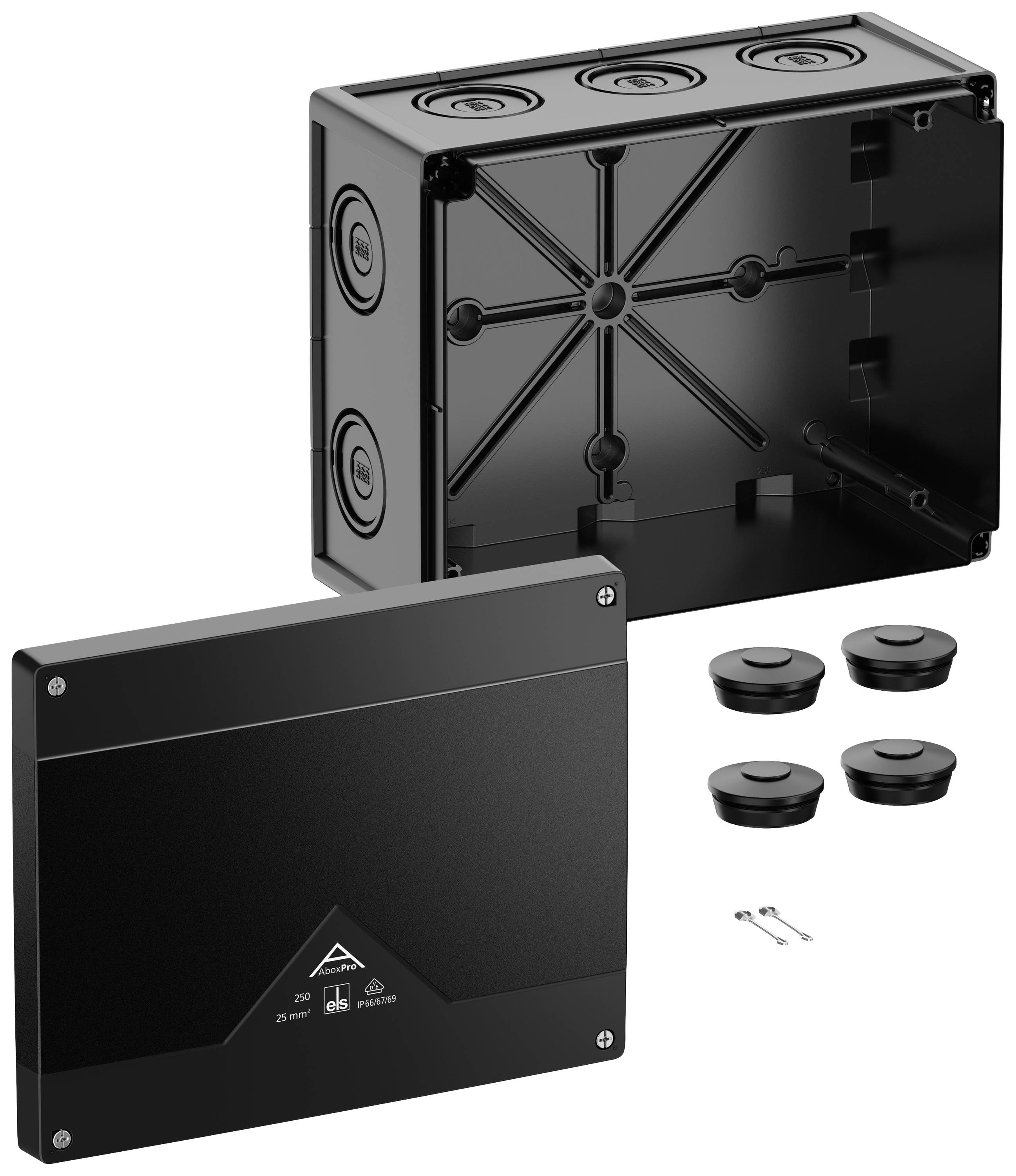 Black plastic junction box with removable cover and cable entry points, suitable for electrical installations, including accessories.