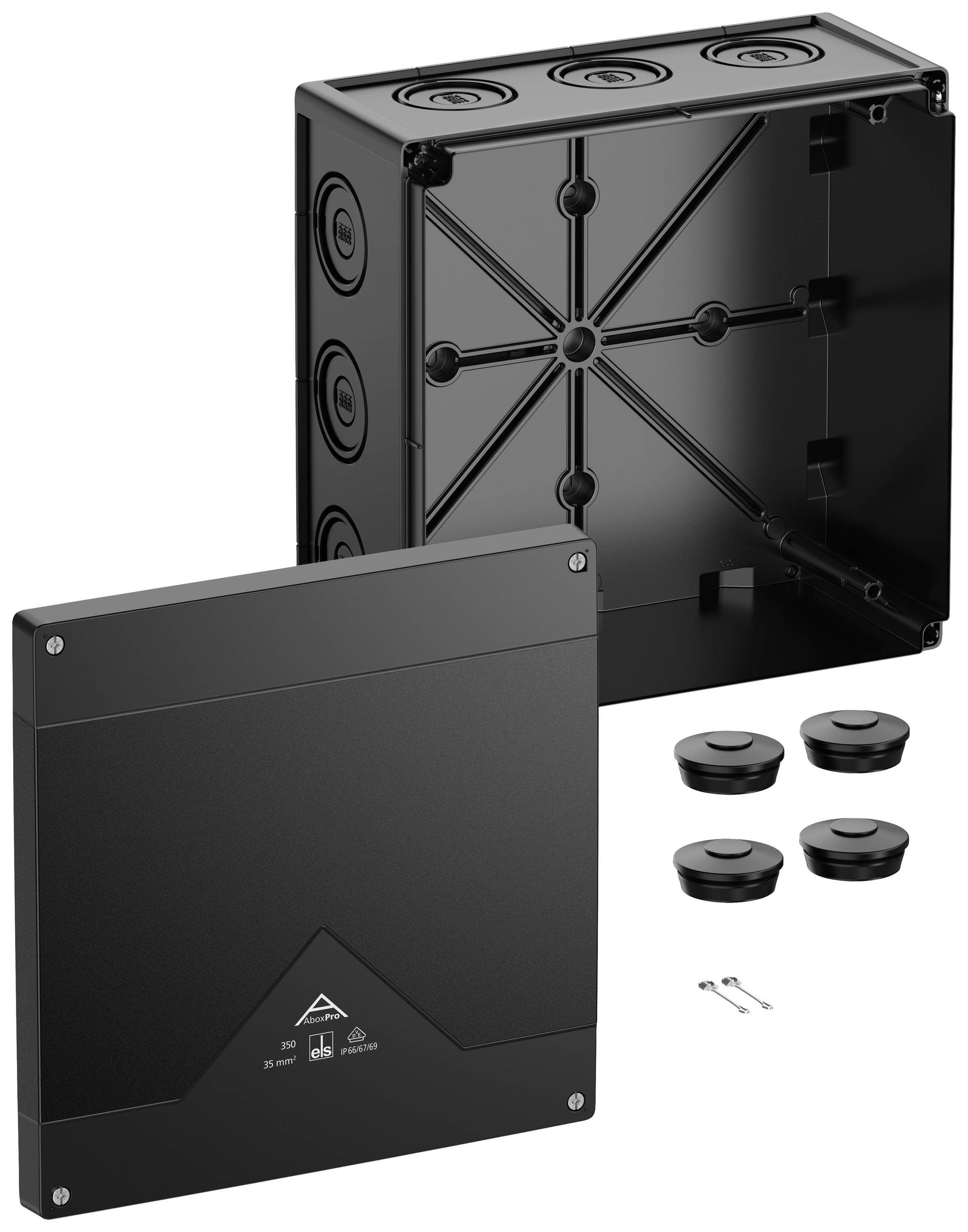 Black enclosure with removable cover, suitable for electrical installations. Contains four gaskets and two screws.