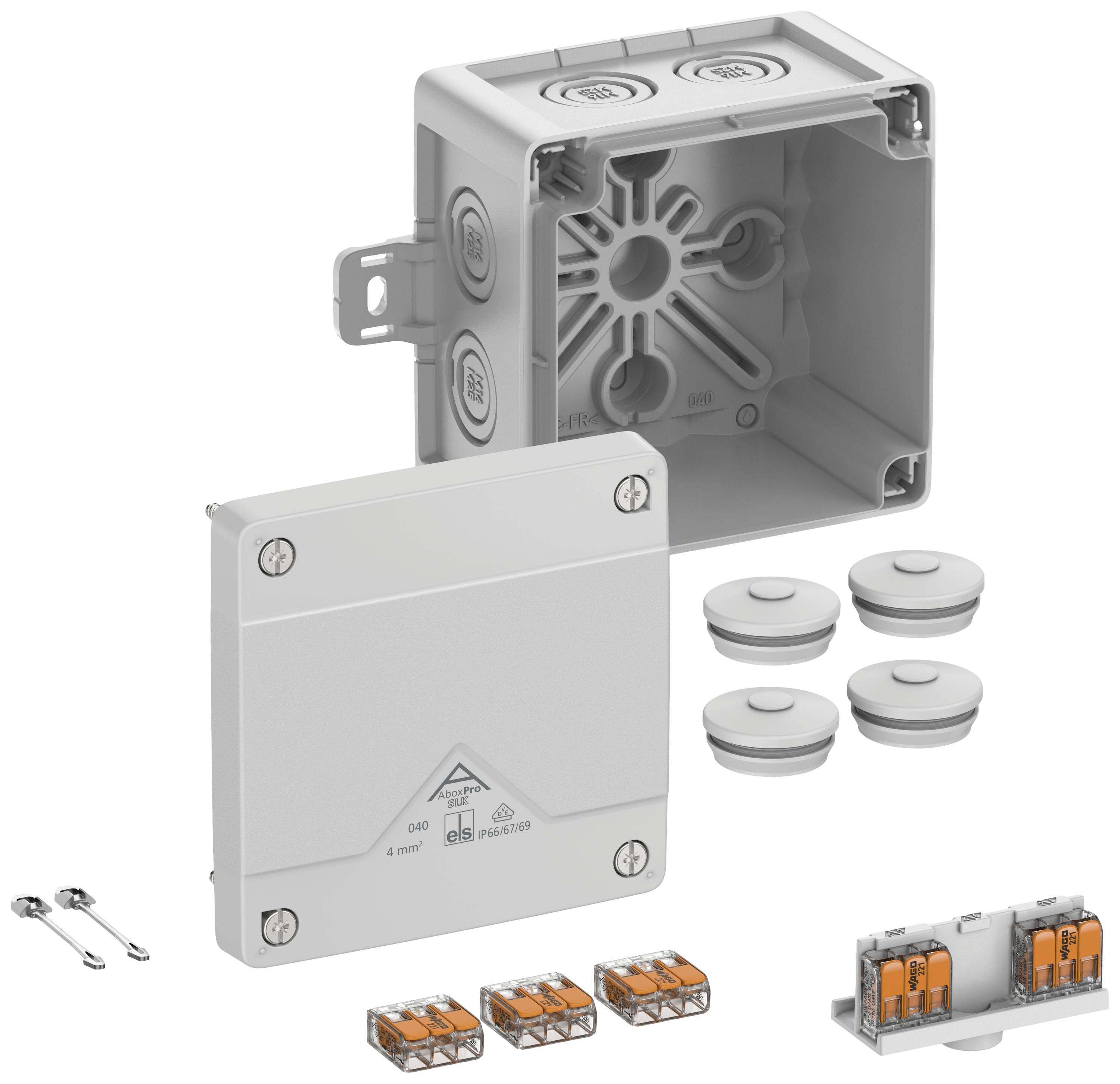A grey, square junction box set with a removable cover. Includes terminals, blanking plugs, and screws for installation.
