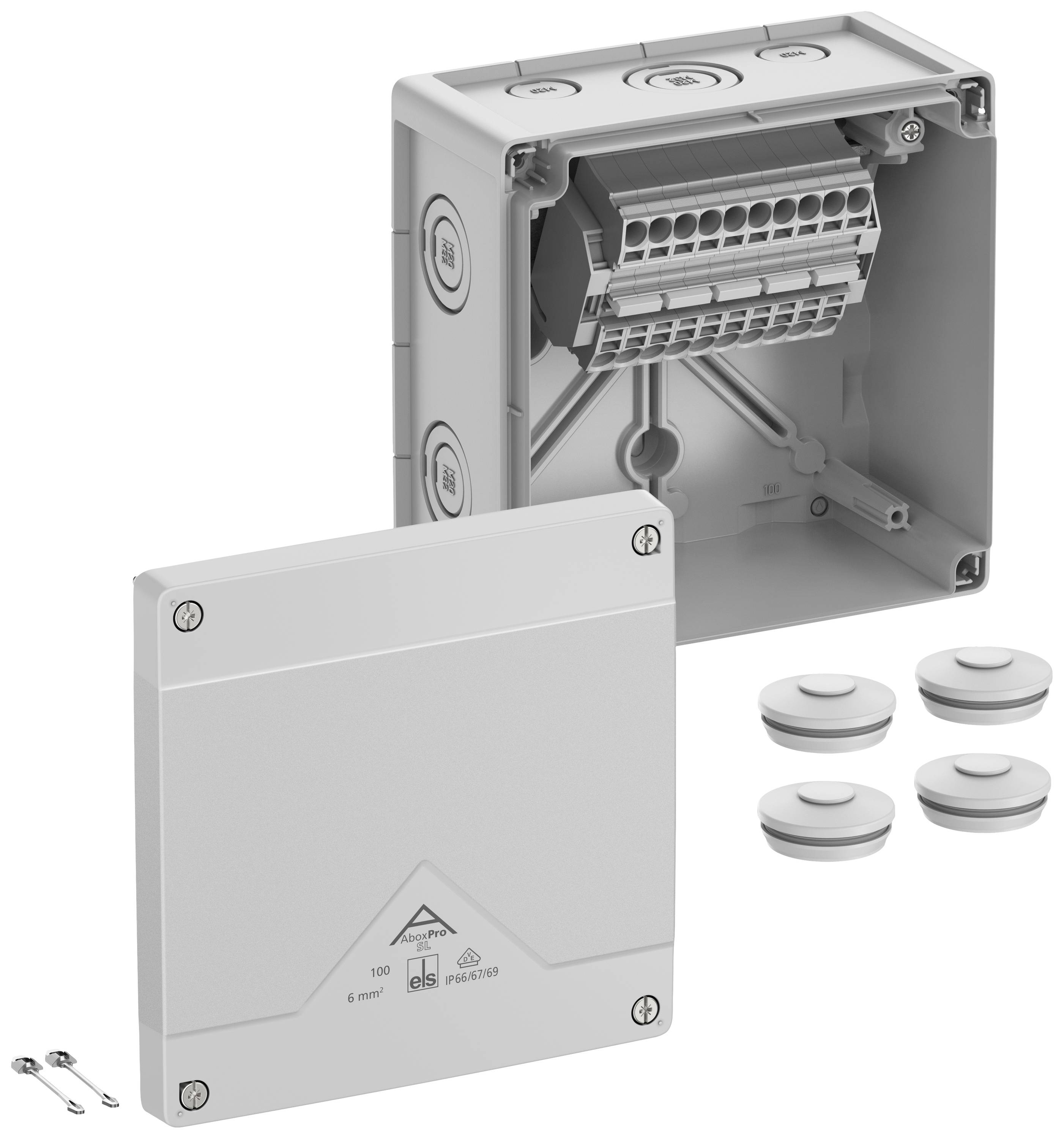 Grey plastic junction box with integrated connection terminals and removable front cover, shown with screws and insulating washers.