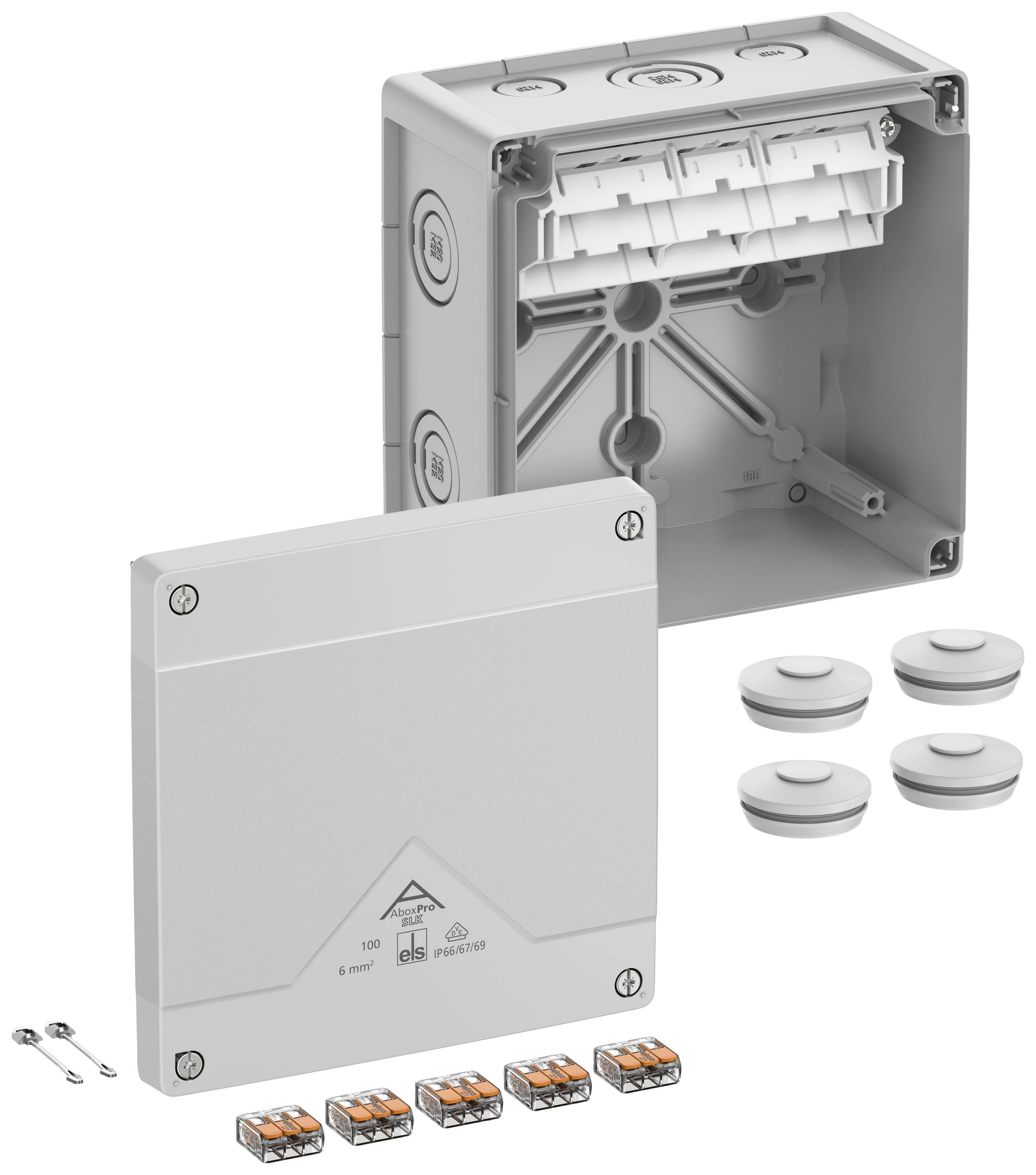 Electrical junction box with removable lid, including cable clamps and sealing plugs. Suitable for wall mounting.