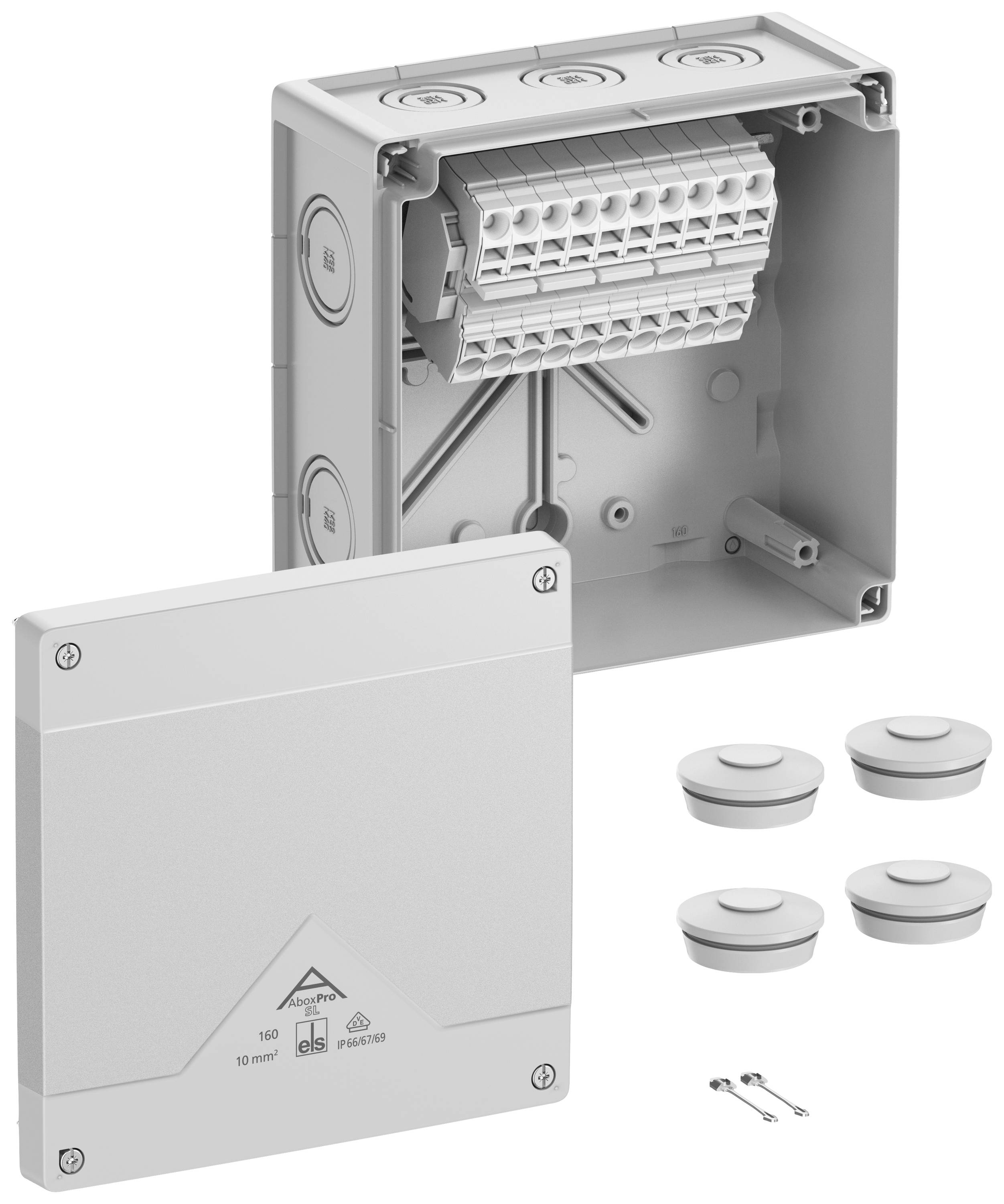 A grey junction box with a removable cover and cable glands; shows internal connections and accessory parts before installation.