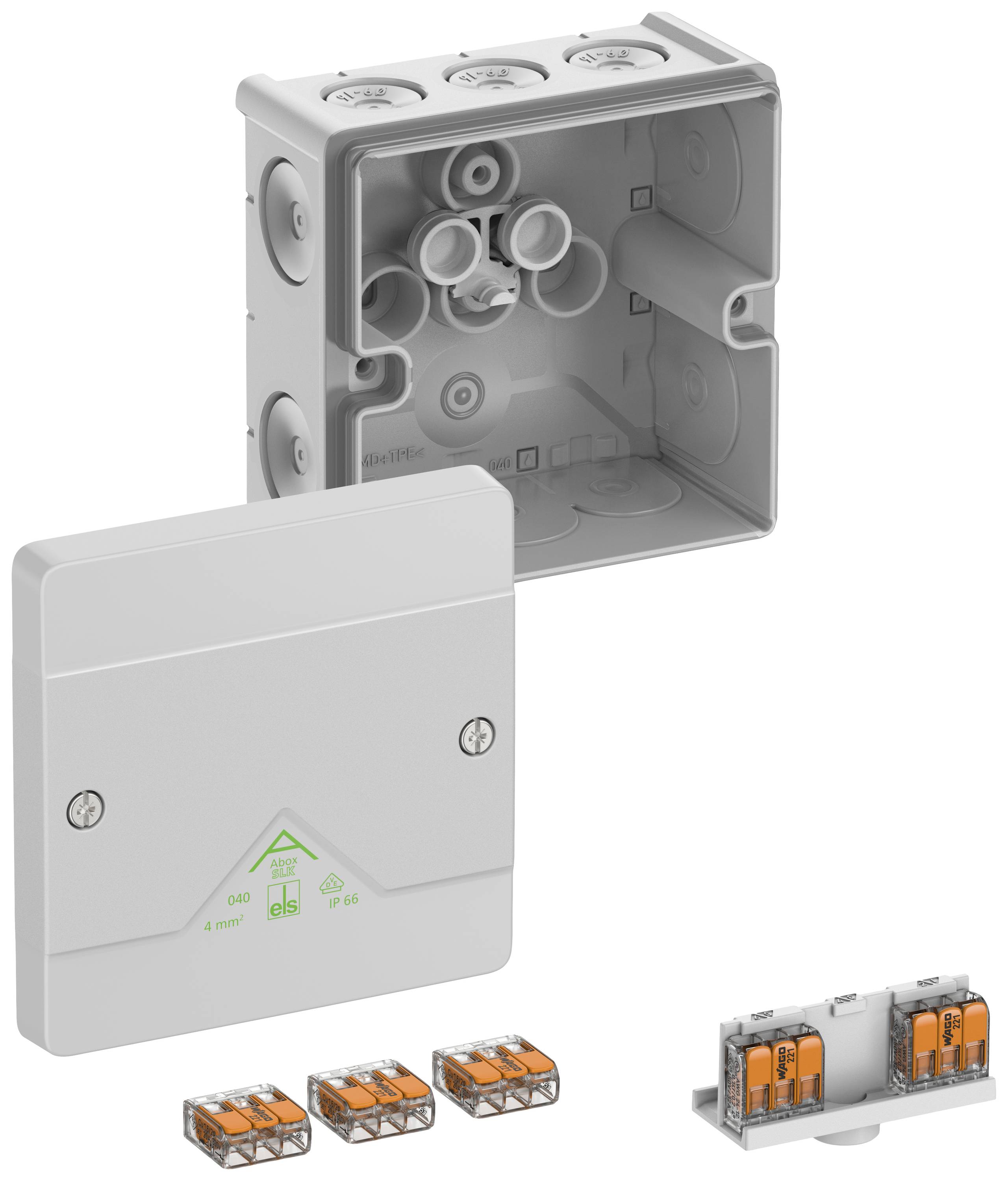 Grey electronics enclosure with a removable lid, various cable connection options, and integrated terminal connectors.