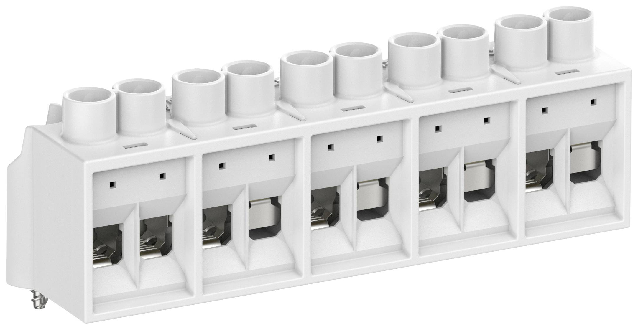 A multi-pole white connection terminal with six insertion slots, suitable for electrical connections.
