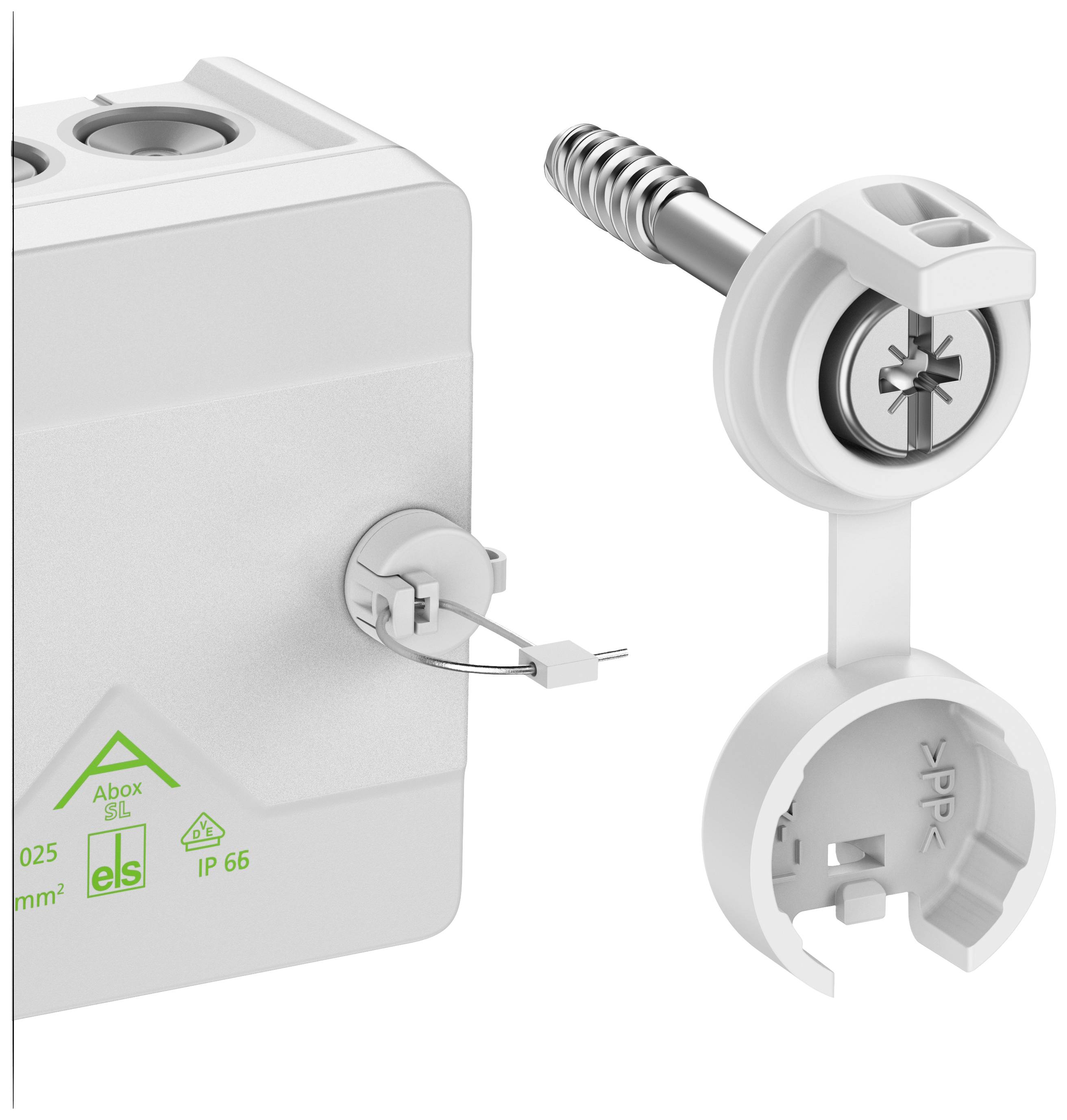 Electrical junction box with screw terminals and mounting element. IP66 protection rating for reliable outdoor use.