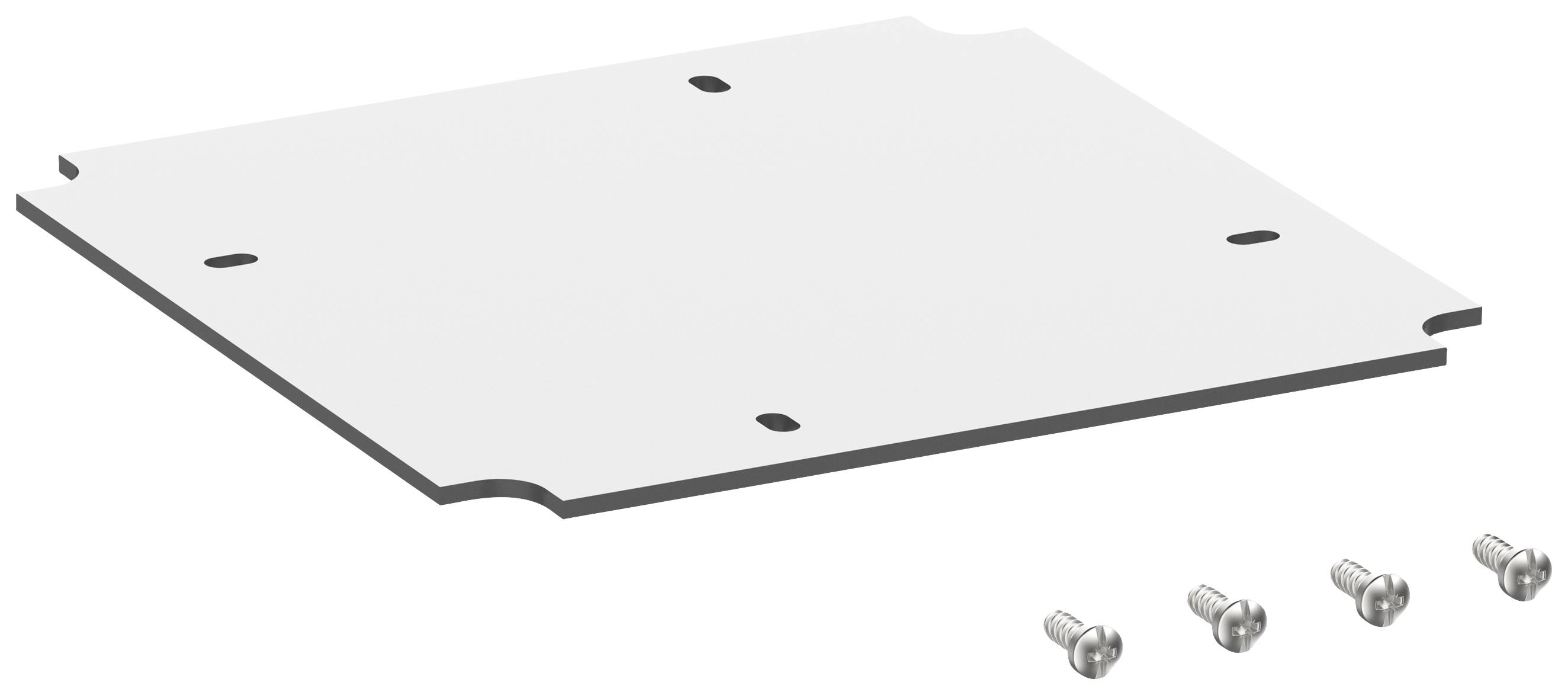 A rectangular metal plate with six drill holes, accompanied by four metal screws. Suitable for mounting or fastening.