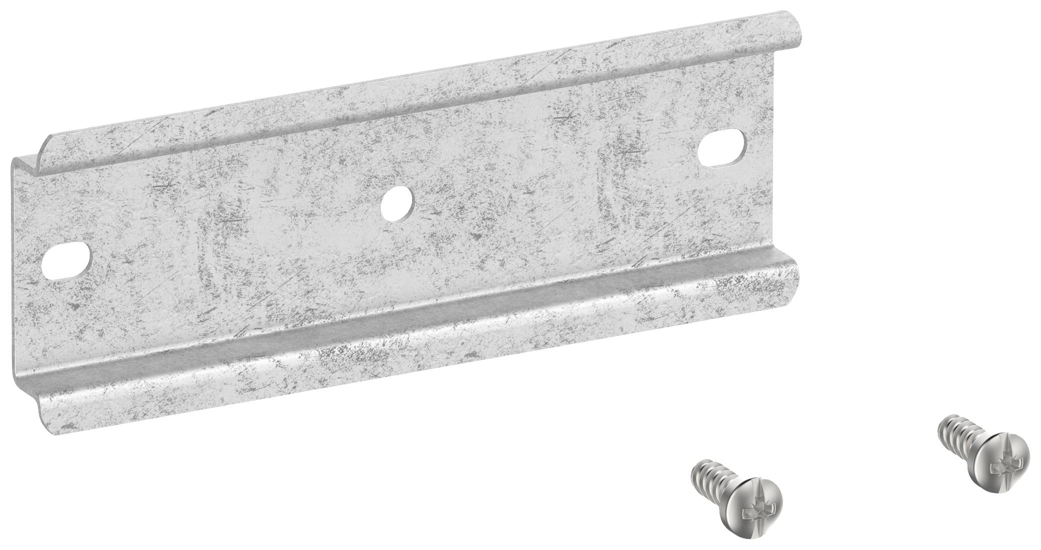 Steel angle bracket with holes, accompanied by two screws. Used in construction or for securing materials.