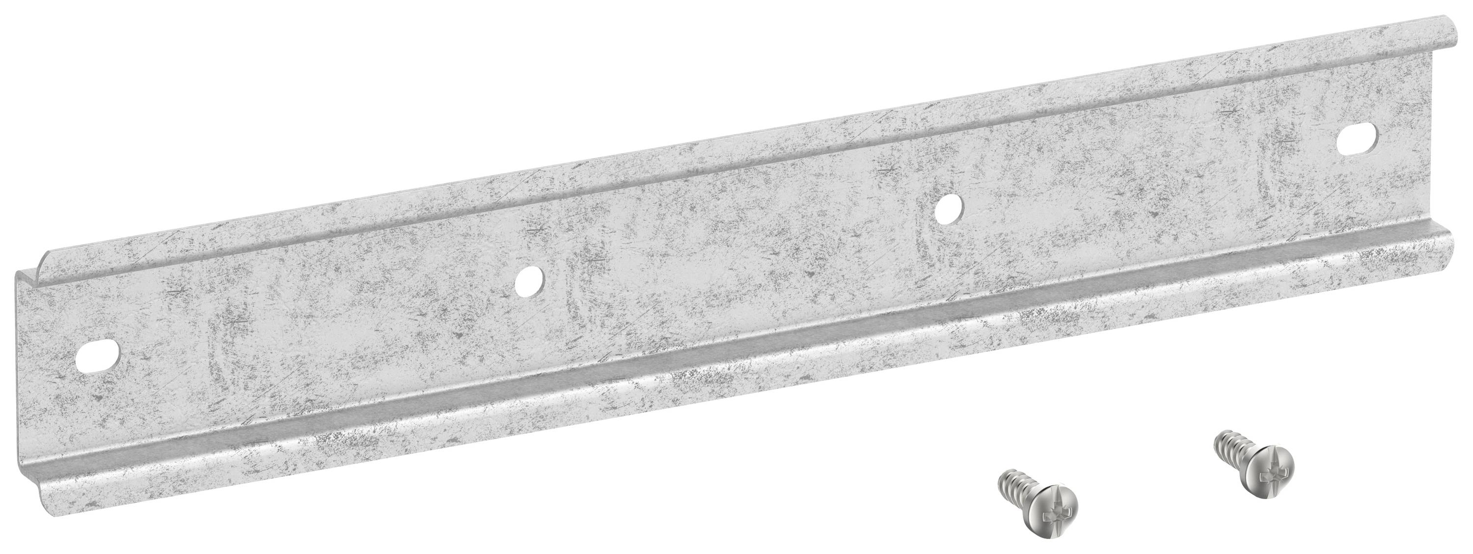 Metal rail with four holes for fixing, accompanied by two screws. Used for mounting or stabilising components.