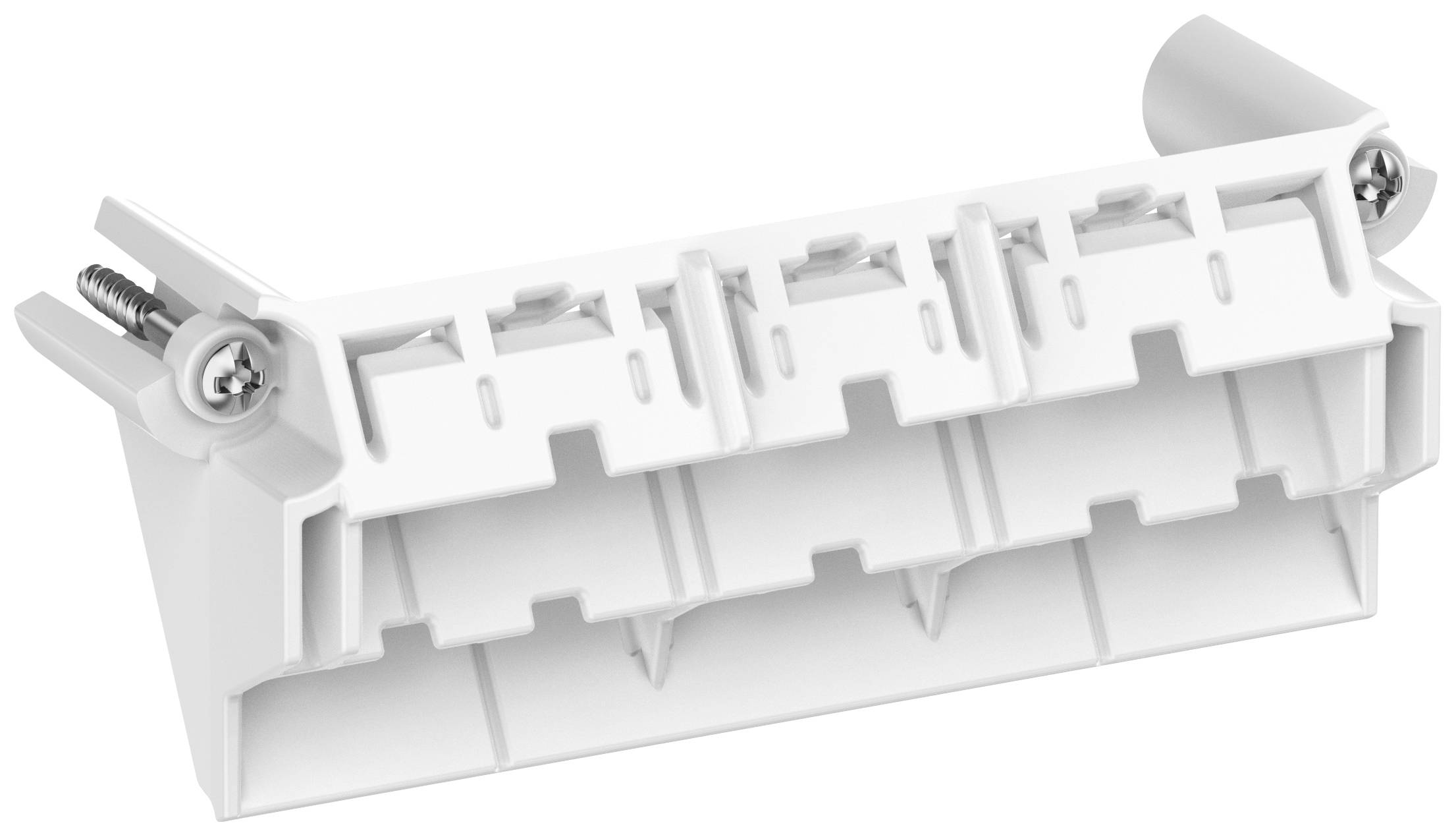 A white plastic enclosure for electrical connections with screws on the sides. Suitable for mounting and cable management.