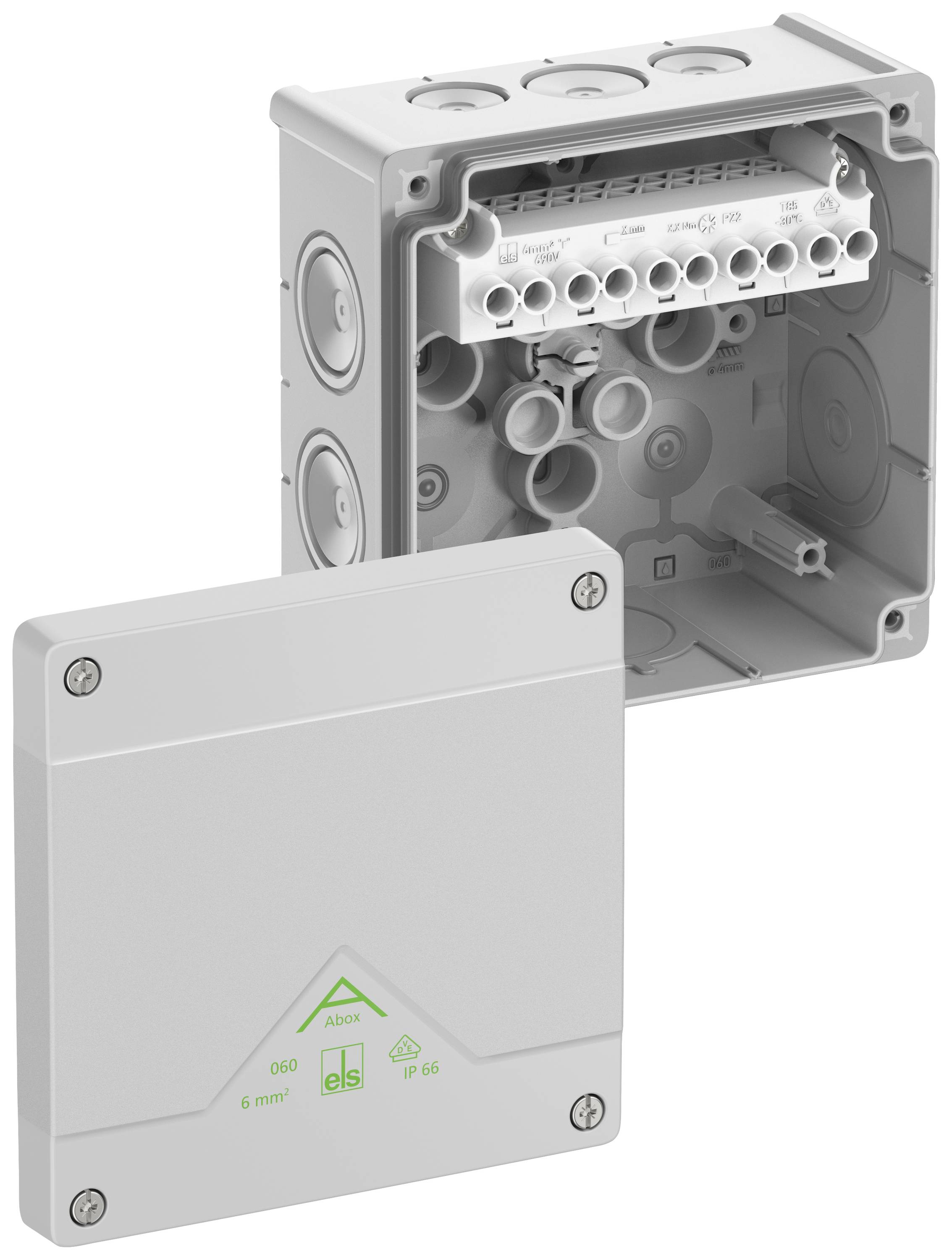 Grey, rectangular electrical junction box with an open lid, showing connection terminals and multiple cable entry points.