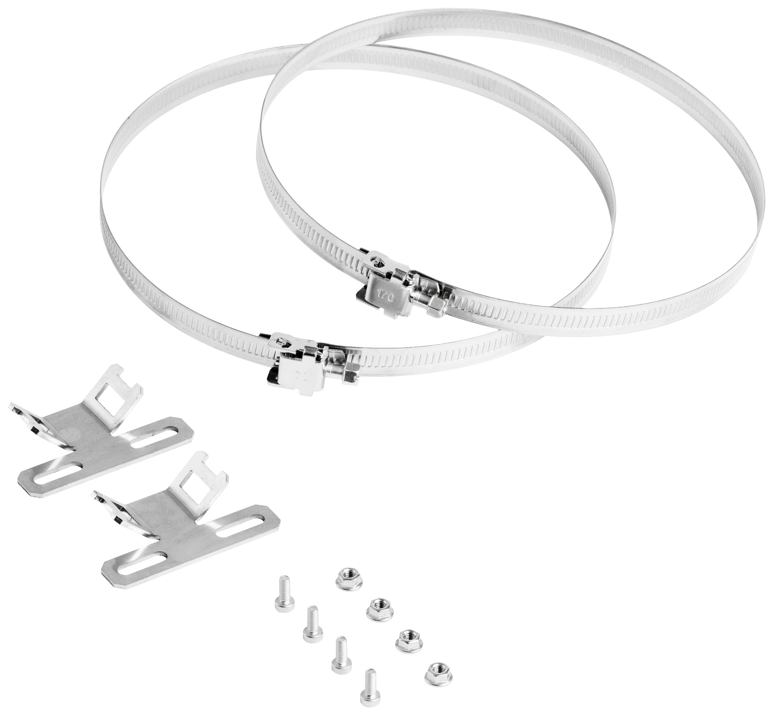 Two metal clamps and two mounting brackets with screws and nuts, likely for installation purposes.