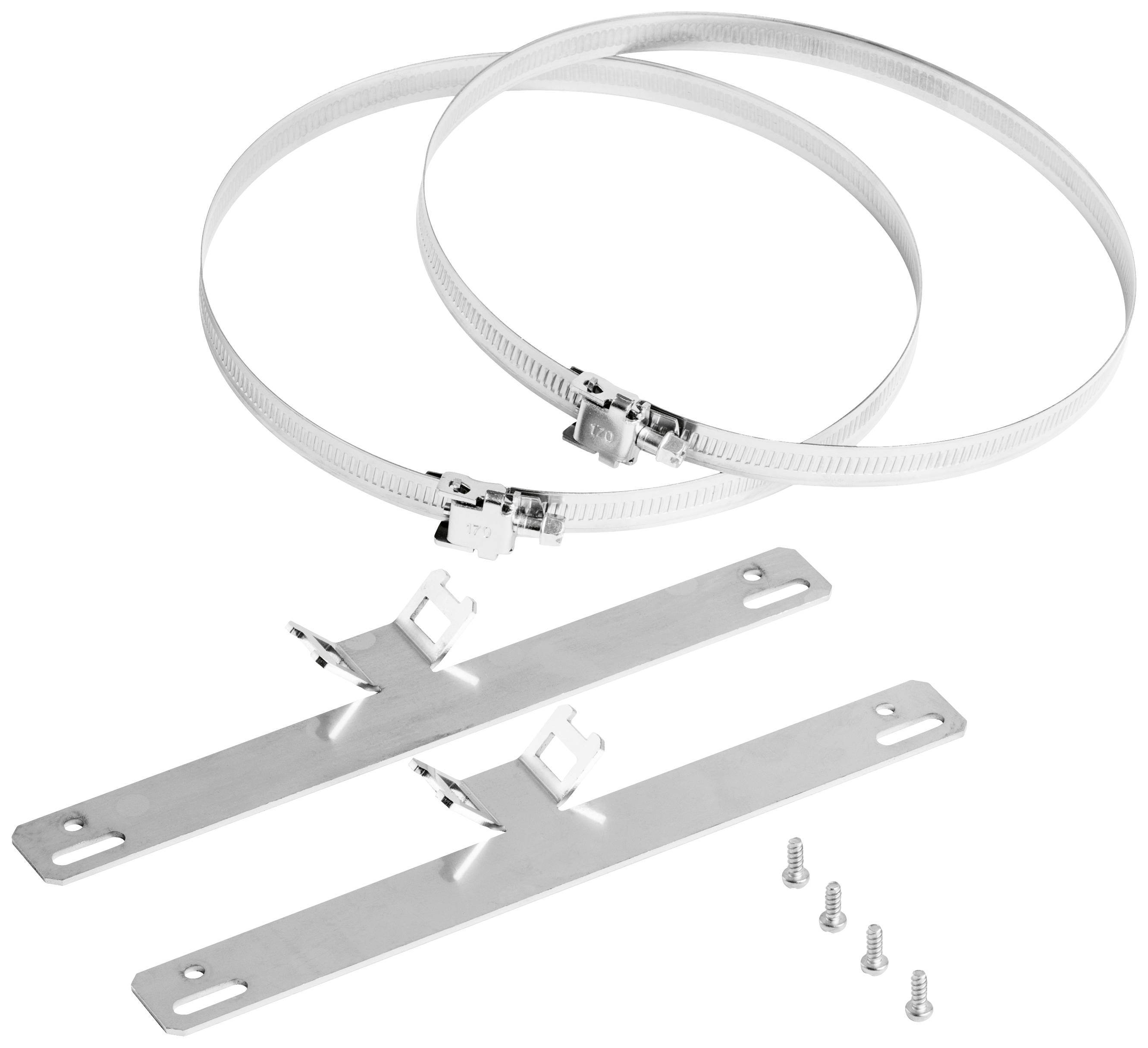 Two metal bands with tensioning devices, two flat metal brackets with mounting points, and five screws for assembly.