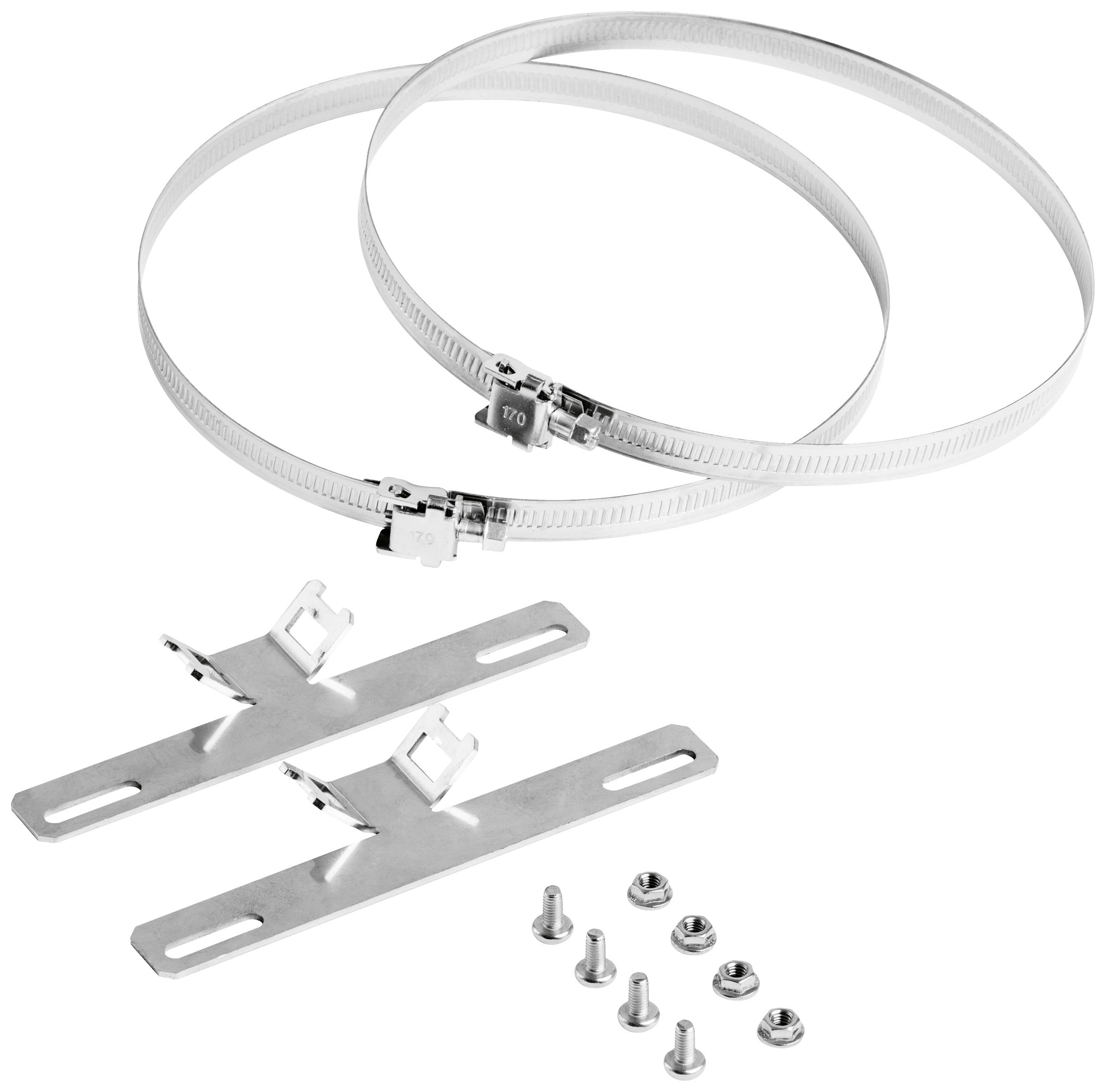 Two metal hose clips and two mounting brackets with screws. Suitable for technical installations or repairs.