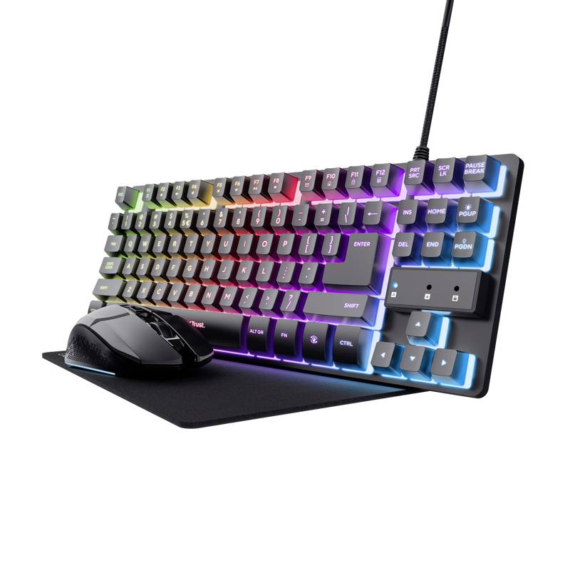 Mechanical gaming keyboard with RGB backlighting and wrist rest, alongside a wired gaming mouse.