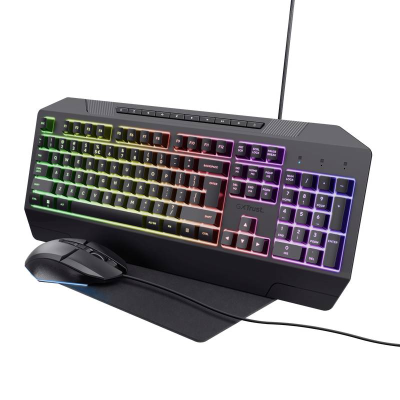Black gaming keyboard with RGB backlighting and accompanying mouse on a mousemat.