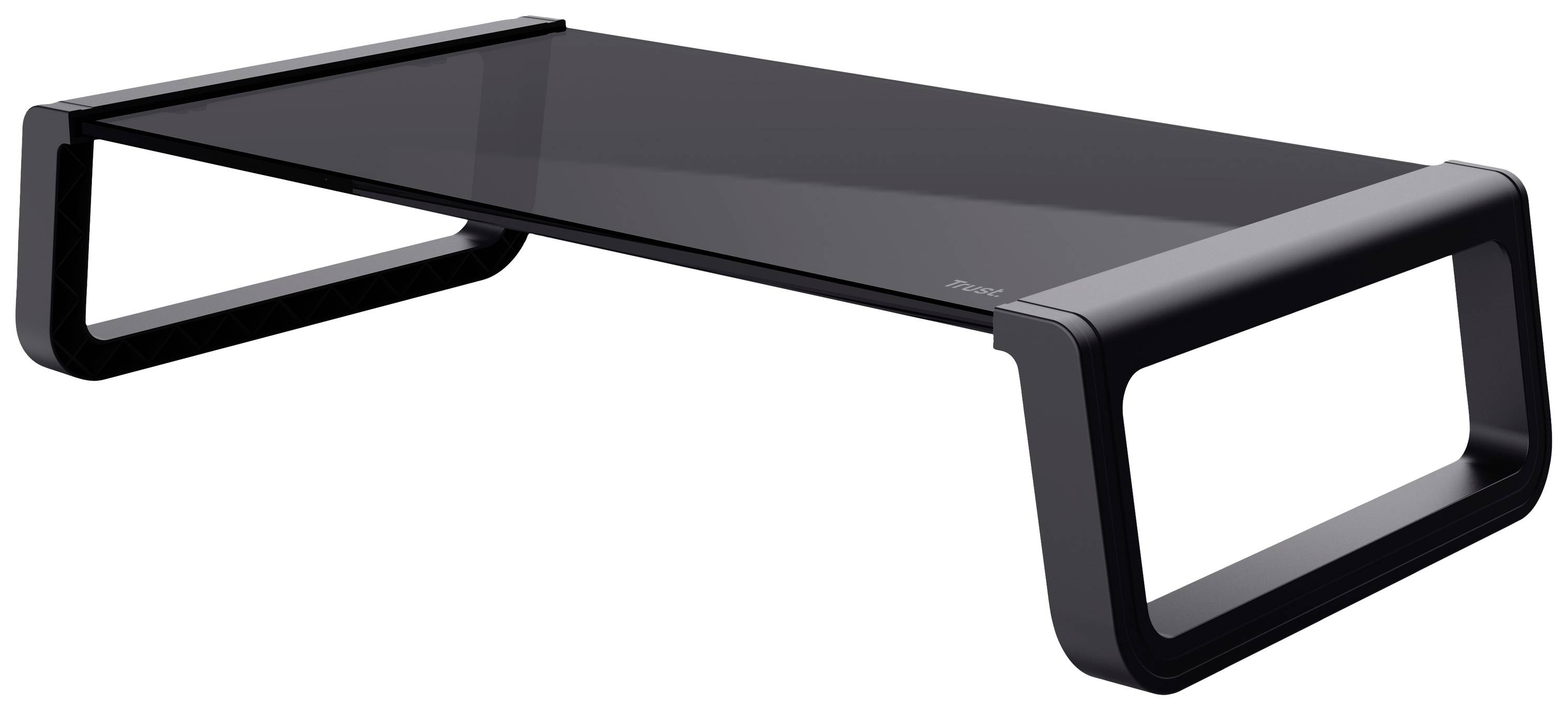 A black monitor stand with a rectangular glass top and sturdy plastic legs. Ideal for elevating computer monitors.