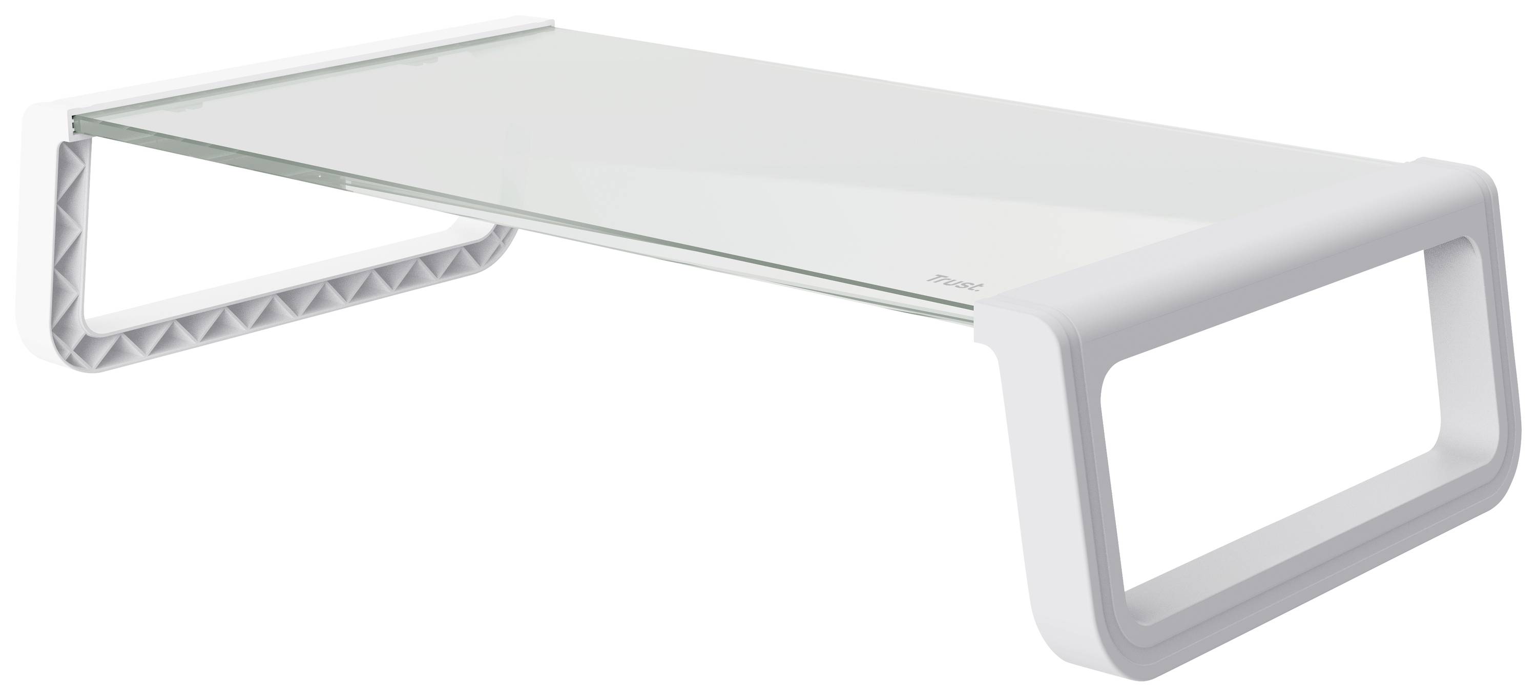 Glass monitor stand with white side panels, suitable for raising a monitor on a desk for improved ergonomics.
