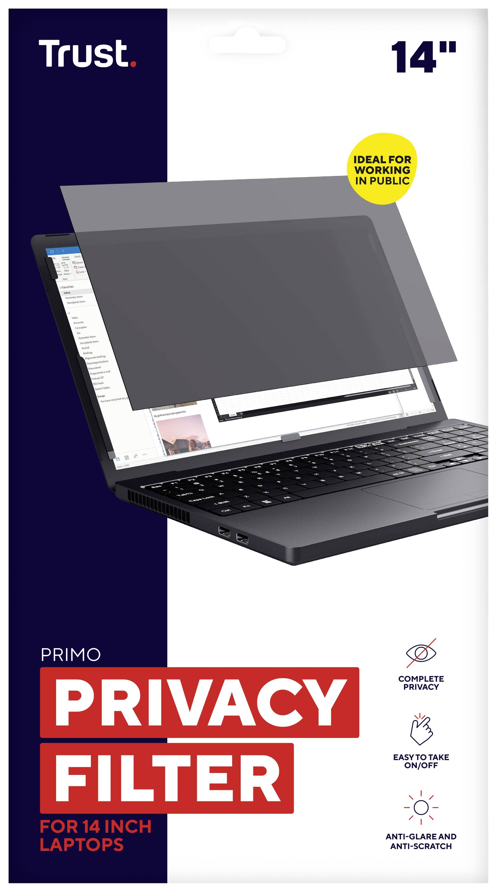 'Trust Privacy Filter' for 14-inch laptops. Protects against prying eyes and scratches. Ideal for working in public spaces.