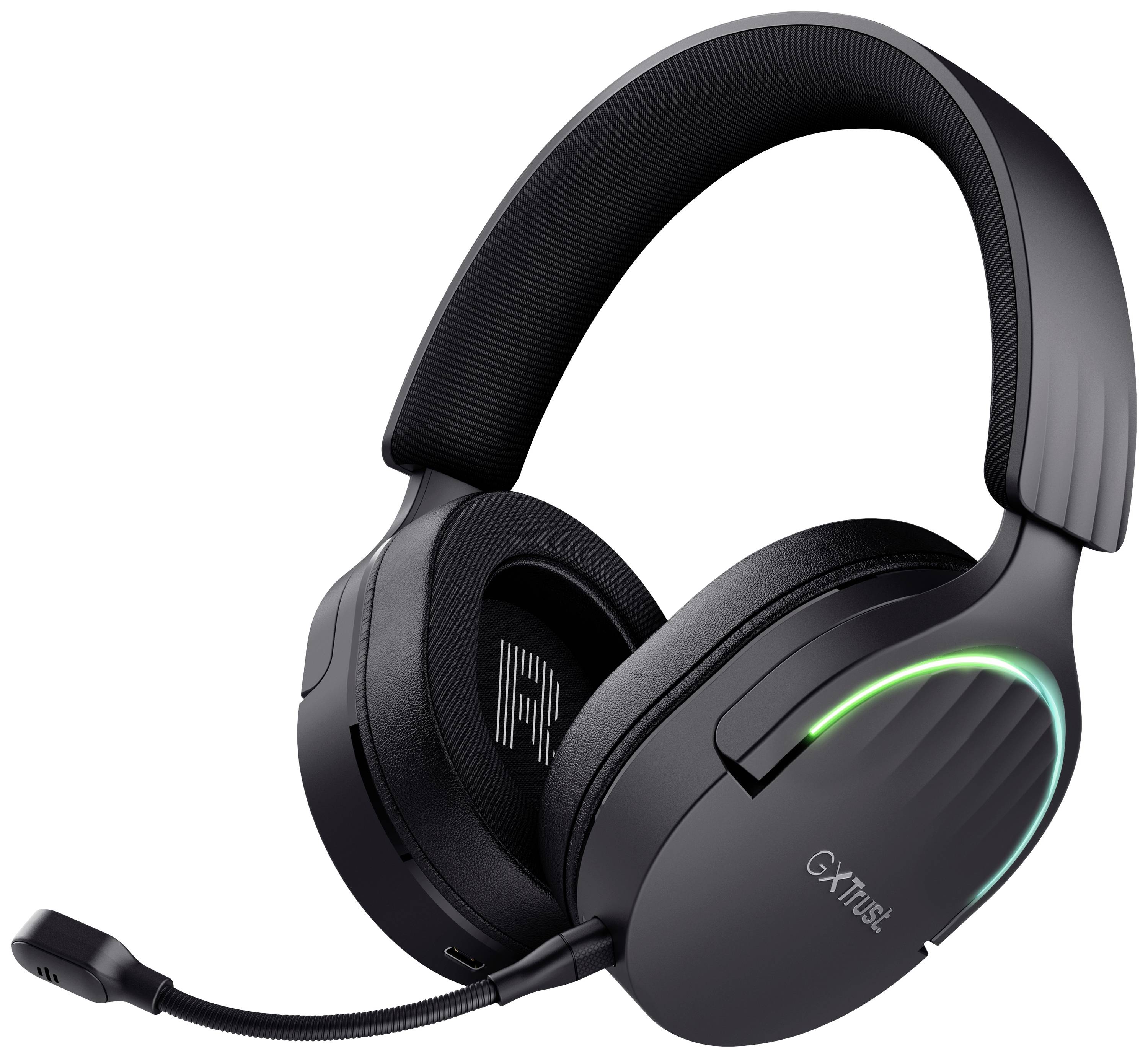 Wireless gaming headset in black with a curved microphone and colourful lighting effects on the ear cups. Brand name: CXTrust.