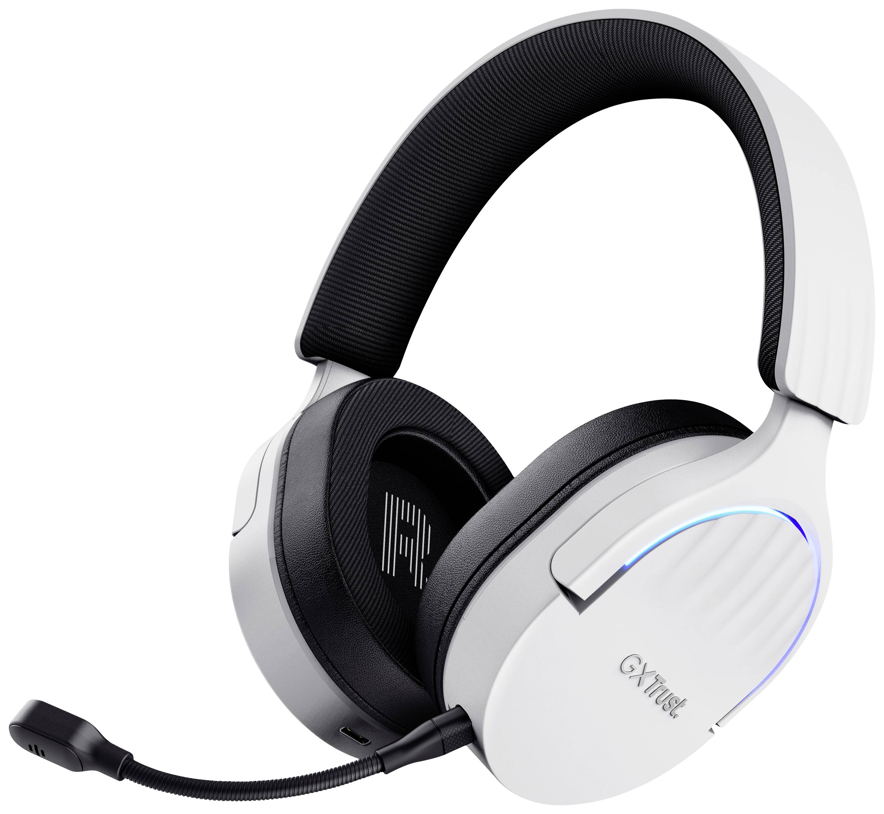 A white gaming headset with a microphone and blue lighting elements, suitable for PC gaming.