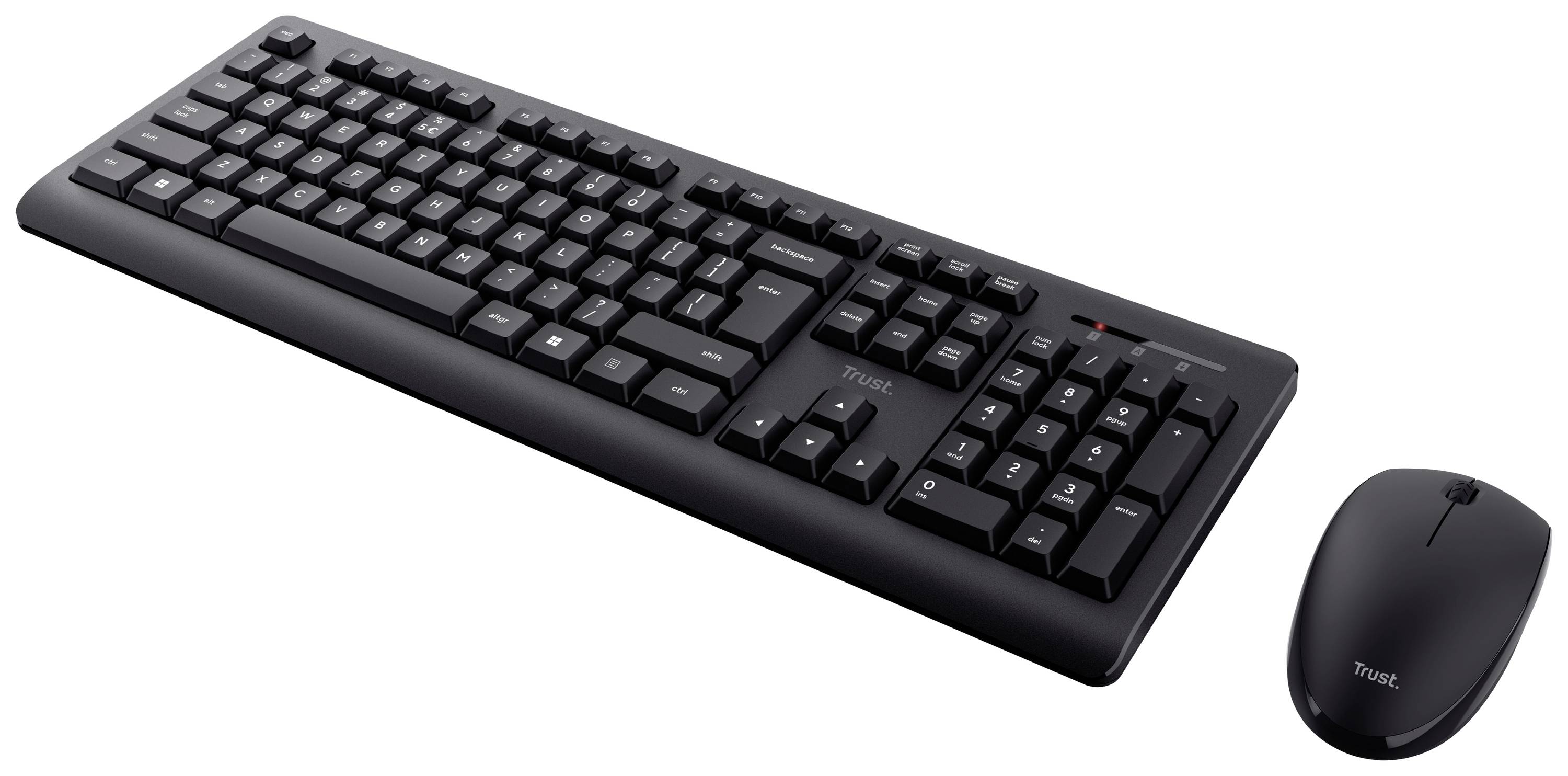 Black computer keyboard and wireless mouse on a white background. Both devices have a minimalist design.