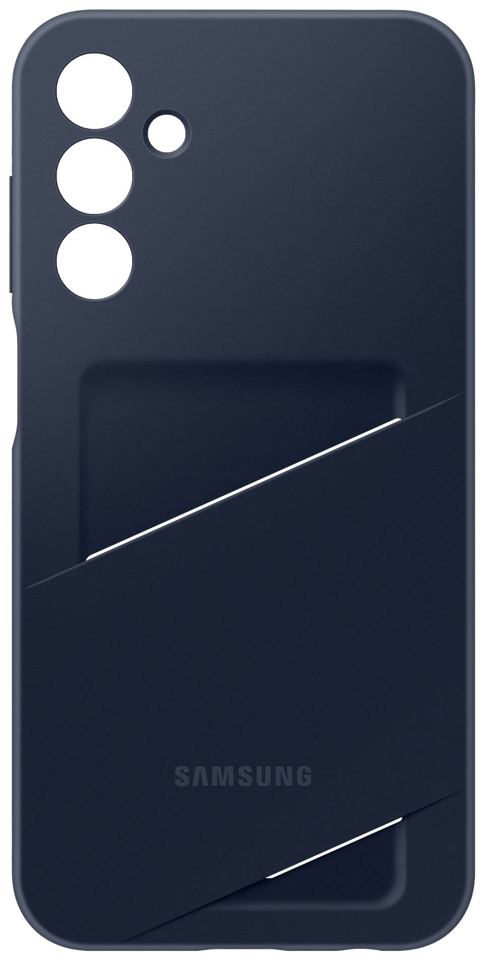 Dark blue Samsung phone case with camera protection and diagonal design on the back.