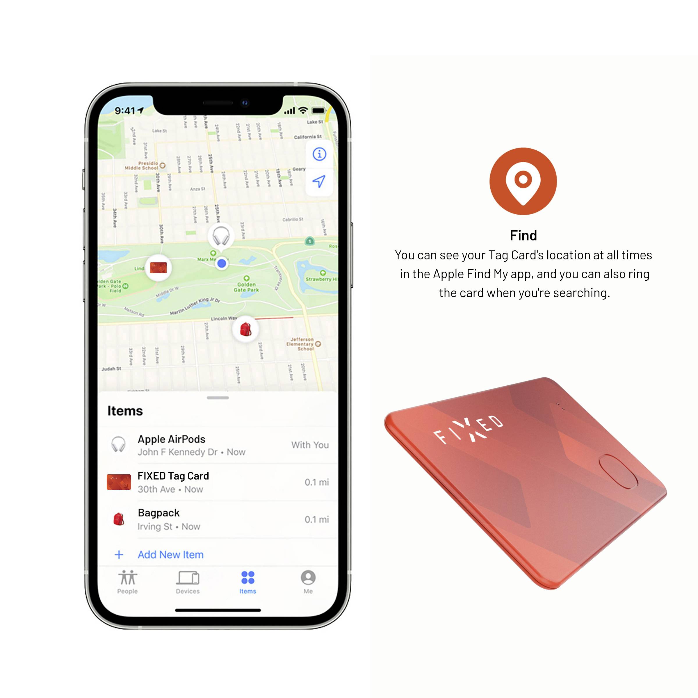 A smartphone displays an app map showing the locations of Apple AirPods and a FIXED Tag Card. To the right, the red FIXED Tag Card is pictured.