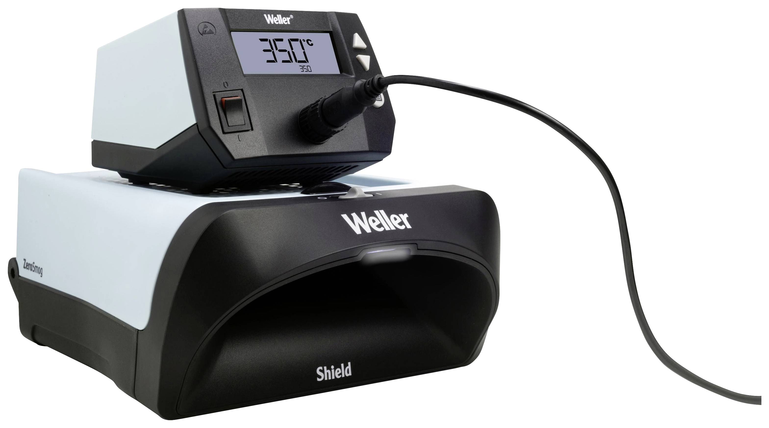 A Weller soldering station with a digital display. The temperature is set to 350 degrees Celsius. A soldering iron is connected.