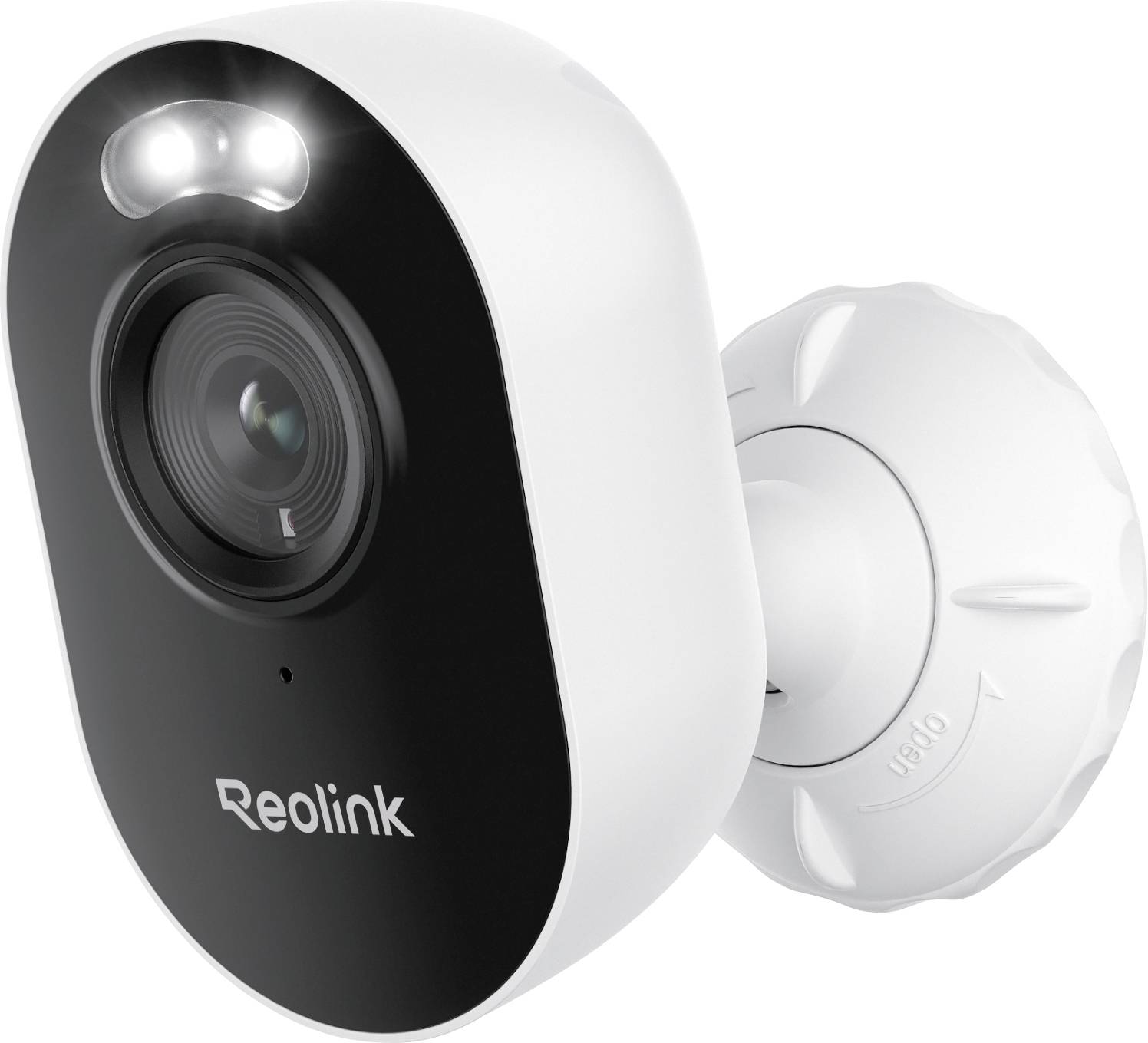 A white outdoor security camera mounted on a swivel base with night vision capabilities and the brand name 'Reolink' on the front.