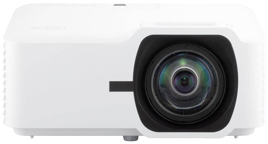 A white projector, front view, shows the lens centrally positioned. Suitable for presentations or home cinema projections.
