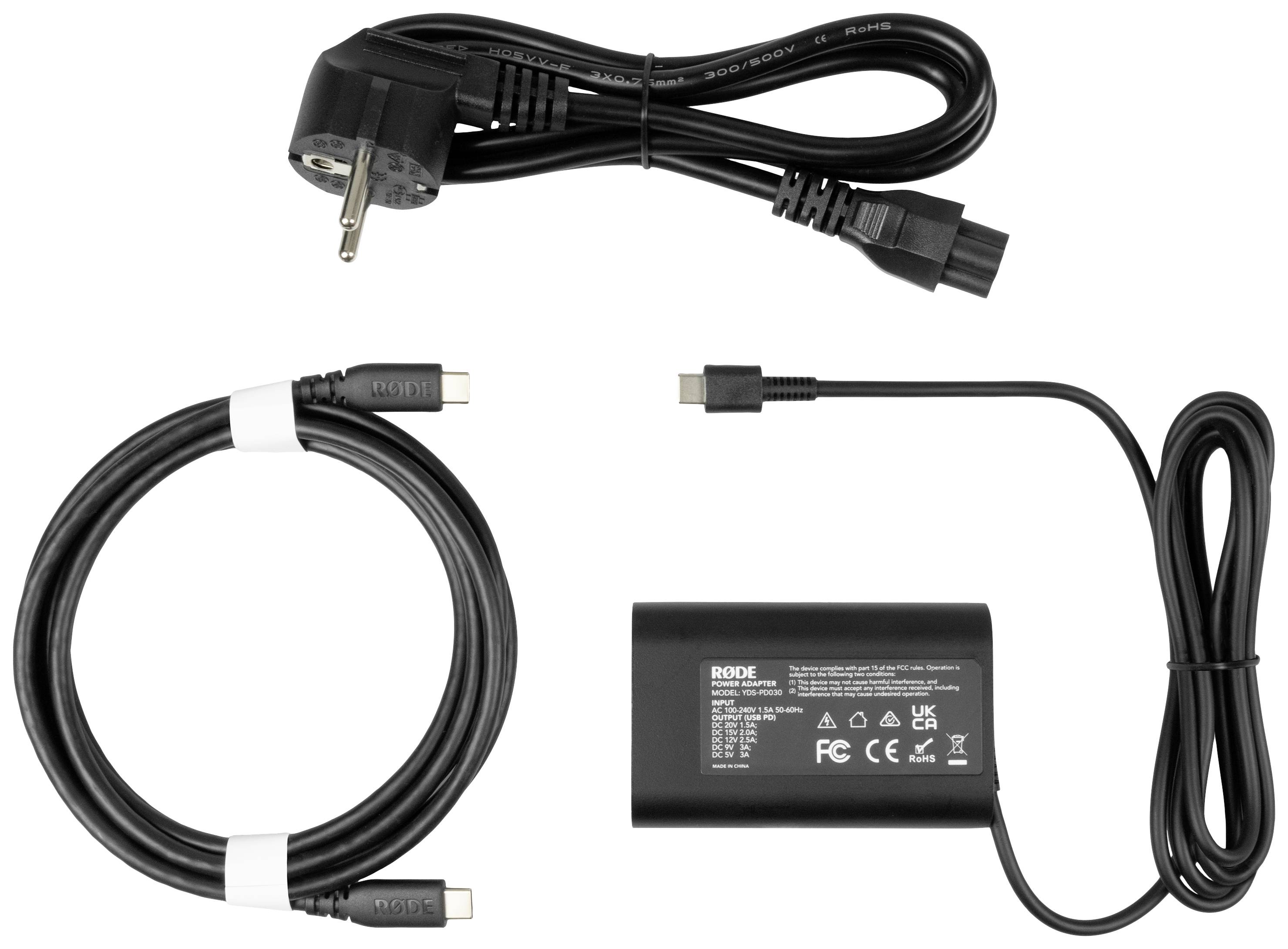 Charger set with power adapter, a cable with EU plug and a USB-C cable, suitable for laptops. CE and FC certification printed.