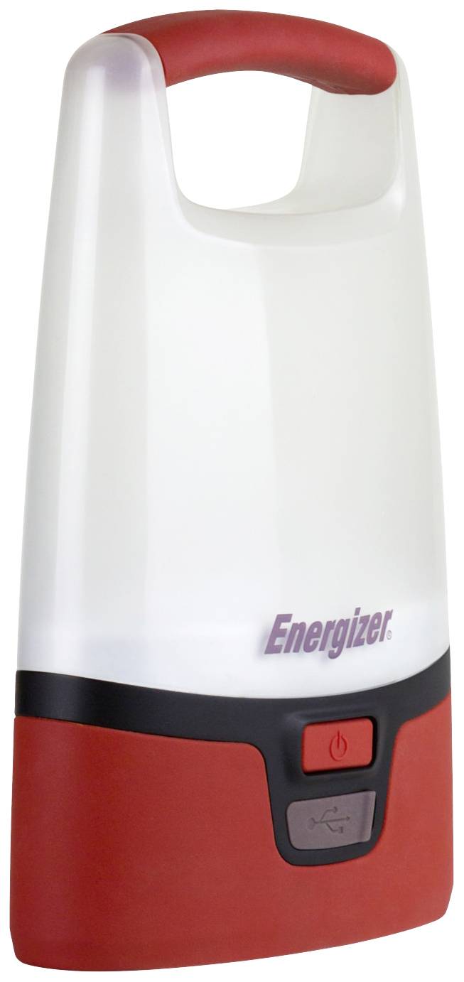 Portable Energizer lamp with a red handle and base, black central section and power button, ideal for outdoor activities.