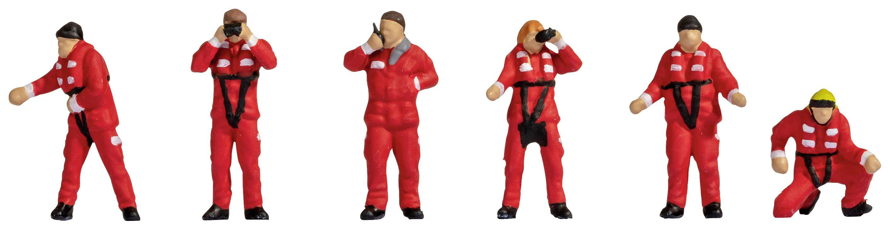 Six figures in red protective suits, some wearing protective helmets. They represent people in firefighting or rescue operations.
