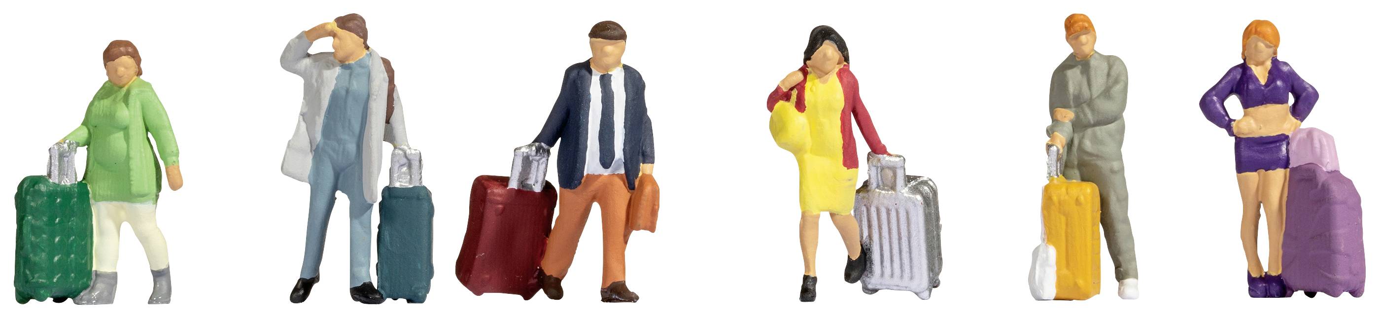 A row of six miniature figures in everyday clothing, each with a suitcase, symbolises travel or mobility.