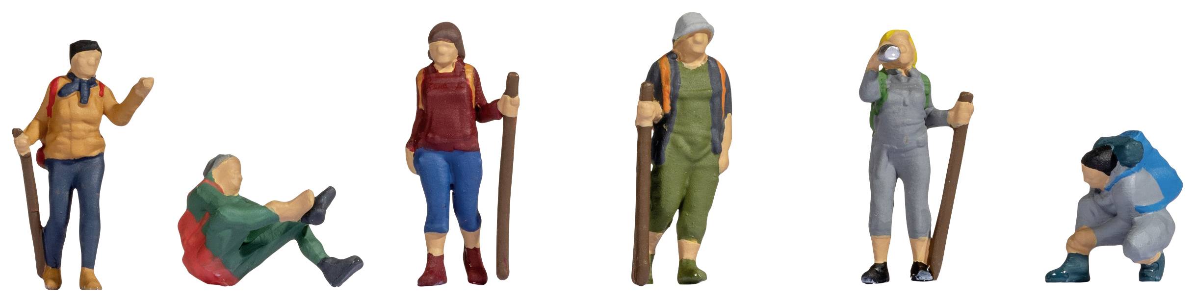 Six miniature figures hiking, with rucksacks and walking poles, including one seated person and another drinking water.
