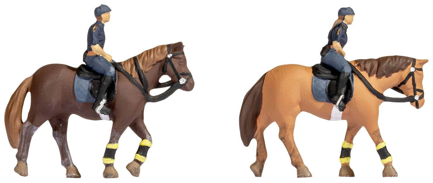 'Two Toy Figures' of riders on horseback; left horse dark brown, right horse light brown. Both wearing blue uniforms.