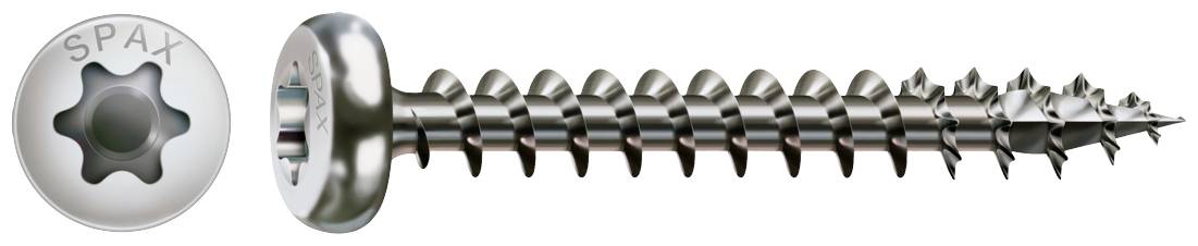 Metal screw with a domed head and star-shaped drive, side view showing detailed thread.