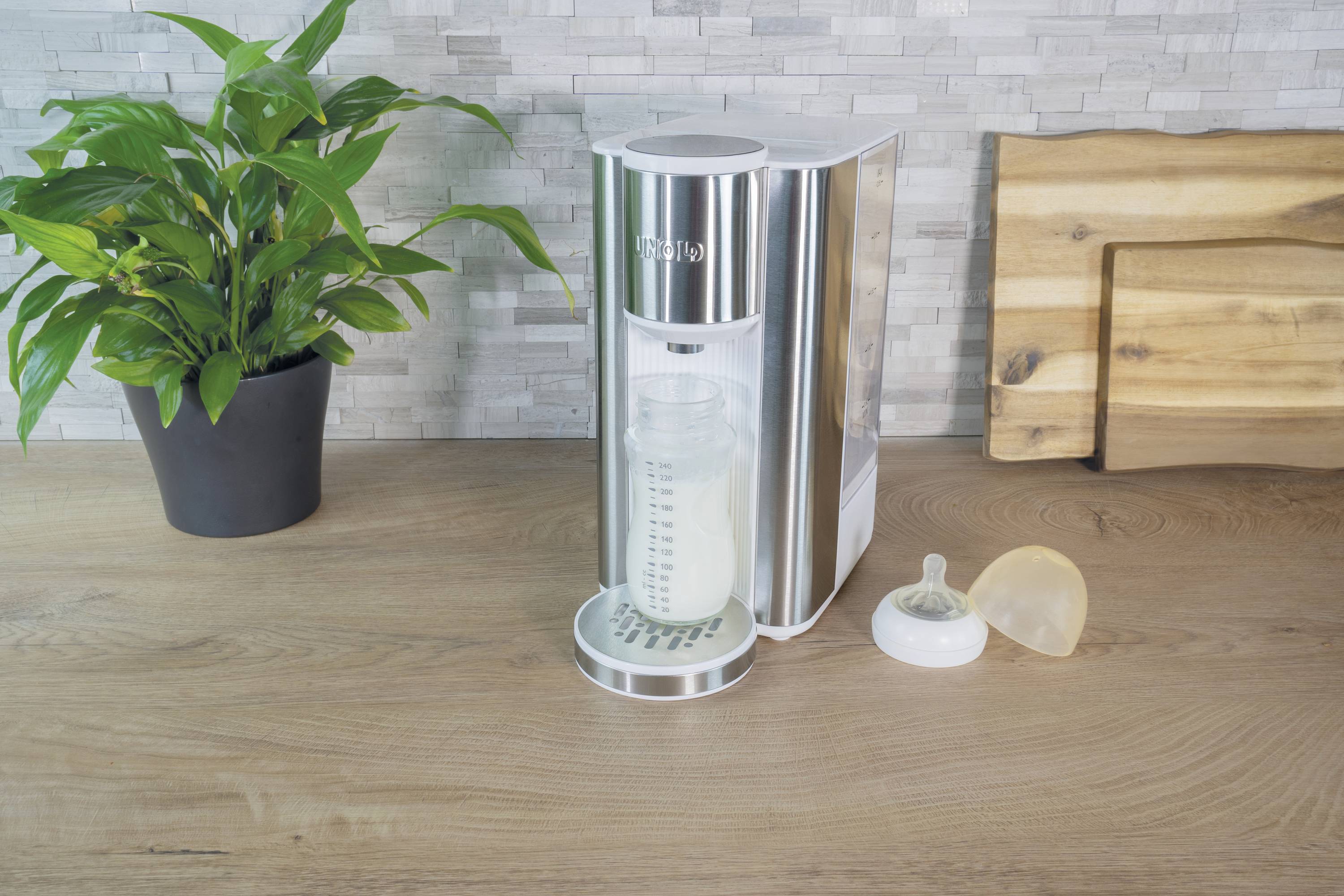 Baby bottle preparation station on a table with bottles full of milk ready for feeding. A dummy/teat is placed beside them. A plant is in the background.