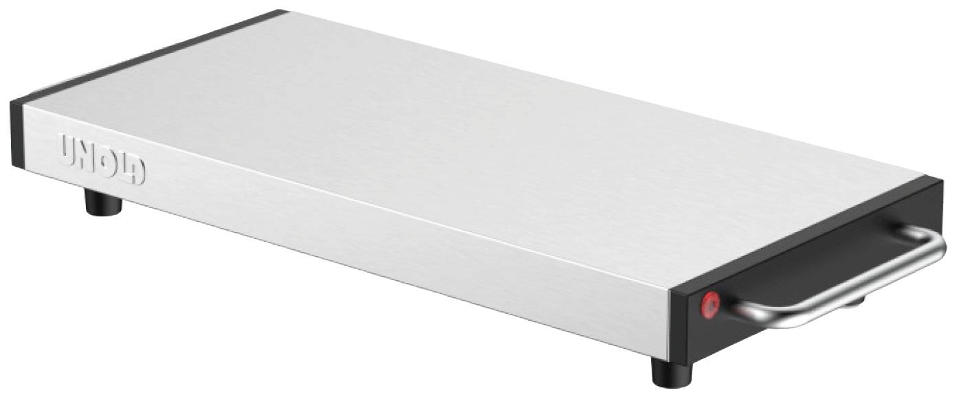 A rectangular silver heating plate with a black border and a handle on the right-hand side, used for keeping food warm.