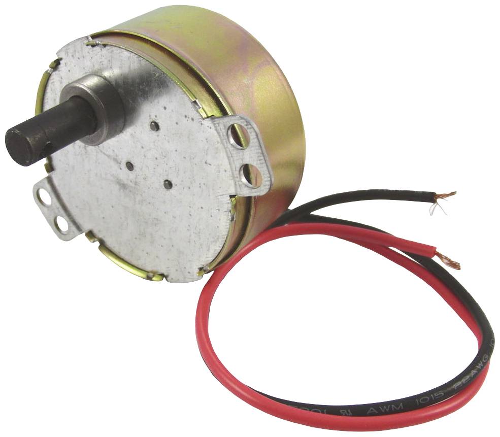 A small electric motor with a round metal casing and two exposed cables in red and black.