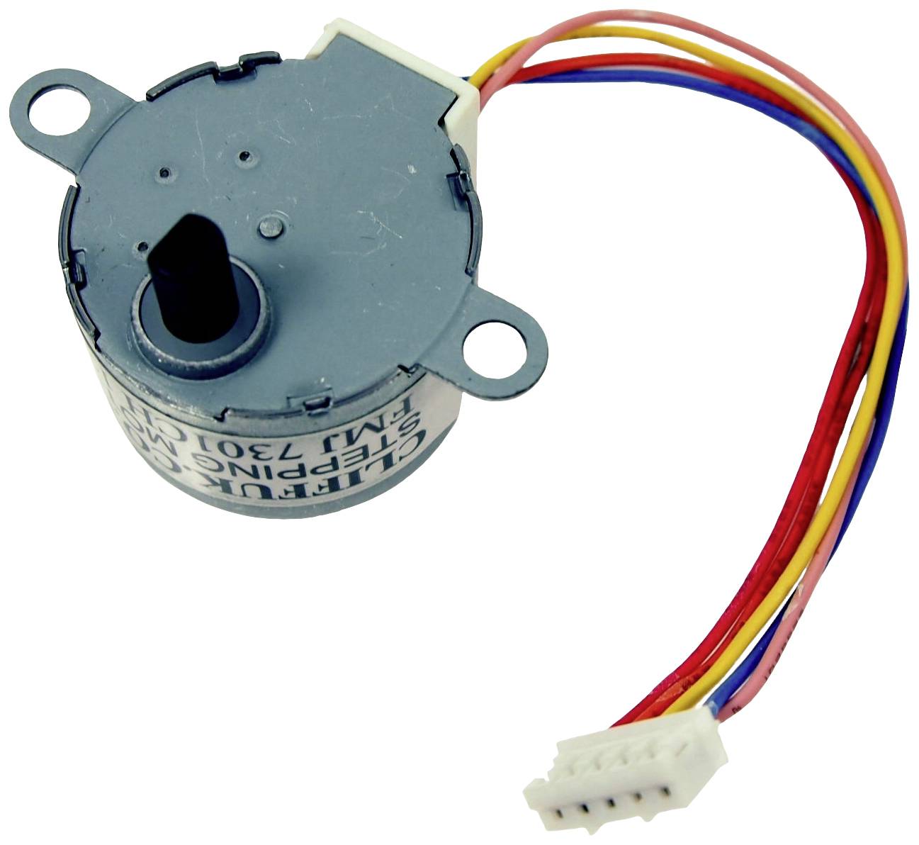 A stepper motor with multiple cables in different colours. The motor has a plastic cover with mounting holes.