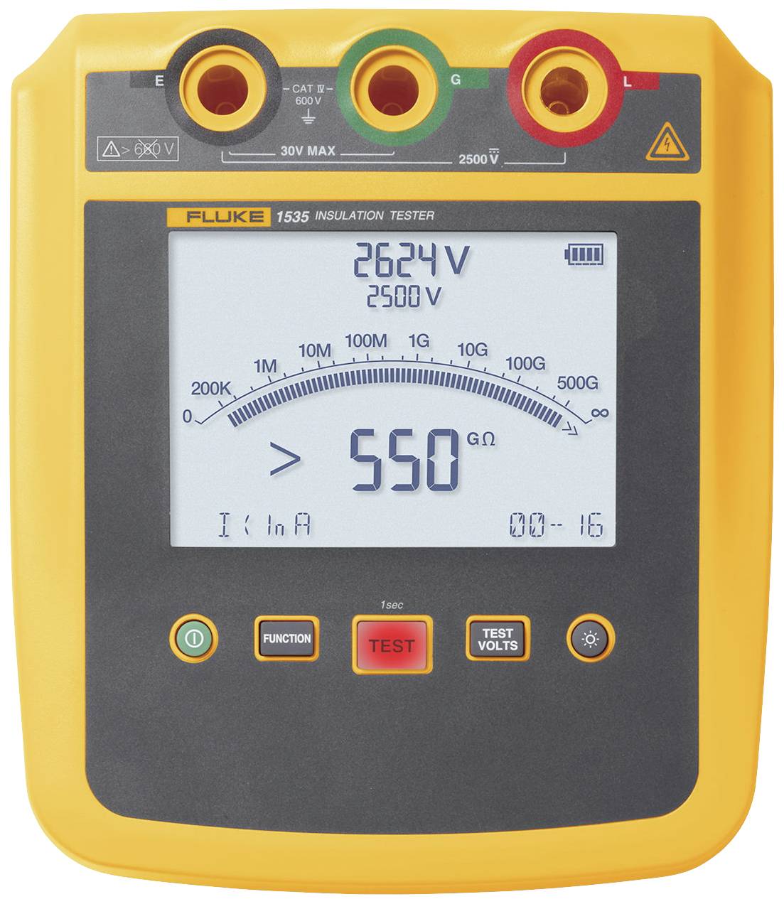 An insulation measuring device with a yellow casing displays a reading of 2,624V and 550MΩ on a digital display.