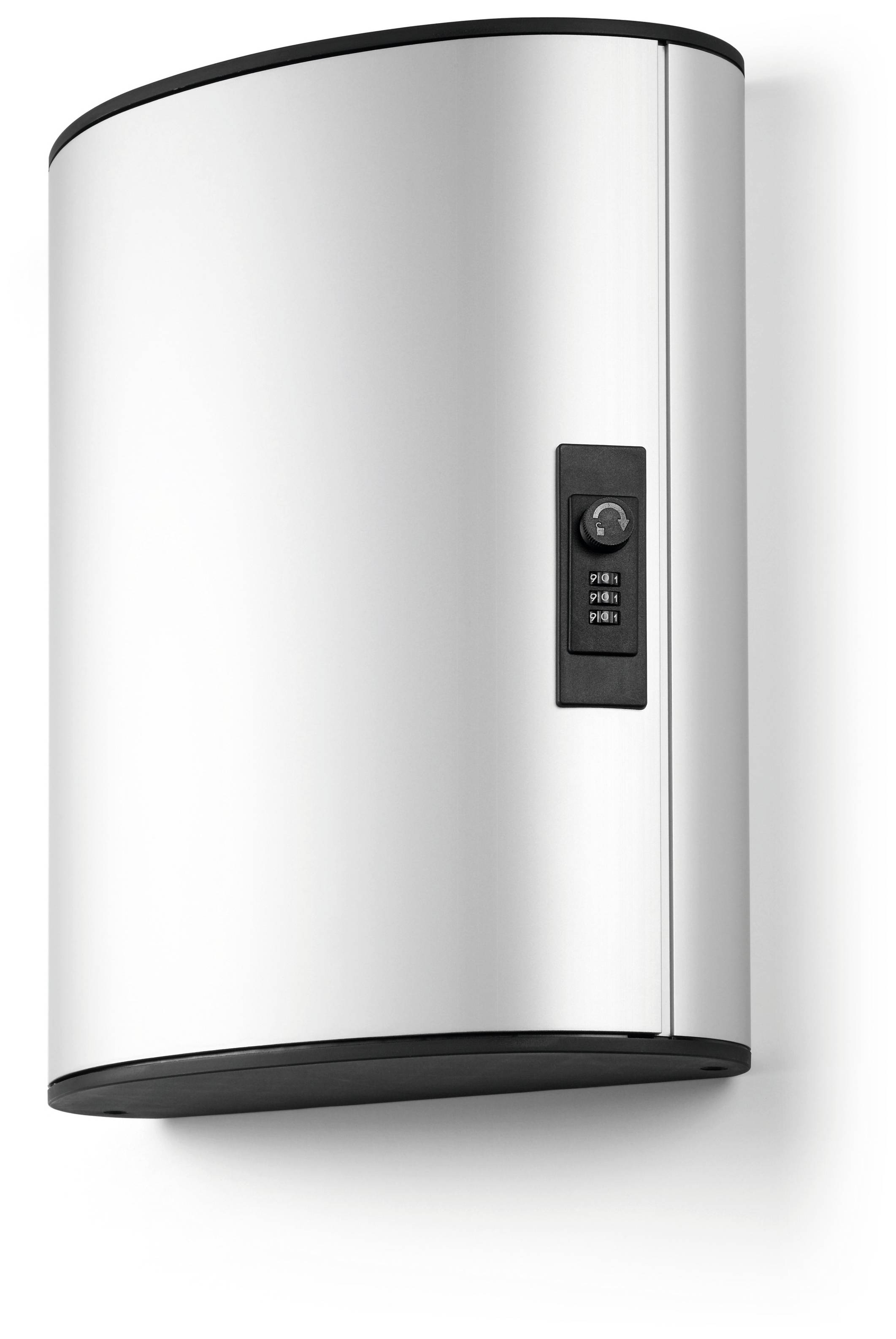 A modern, wall-mounted silver hot water cylinder with a black control panel on the right-hand side.